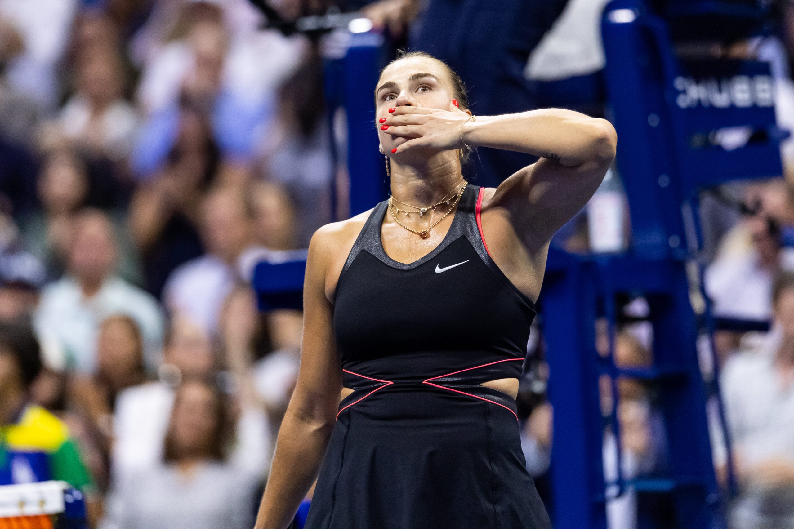 Sep 4, 2025; Flushing, NY, USA; Aryna Sabalenka of Belarus celebrates her victory over Jessica Pegula of the United States in the semifinal of the women’s singles at the US Open at Arthur Ashe Stadium in Billie Jean King National Tennis Center. Mandatory Credit: Mike Frey-Imagn Images
