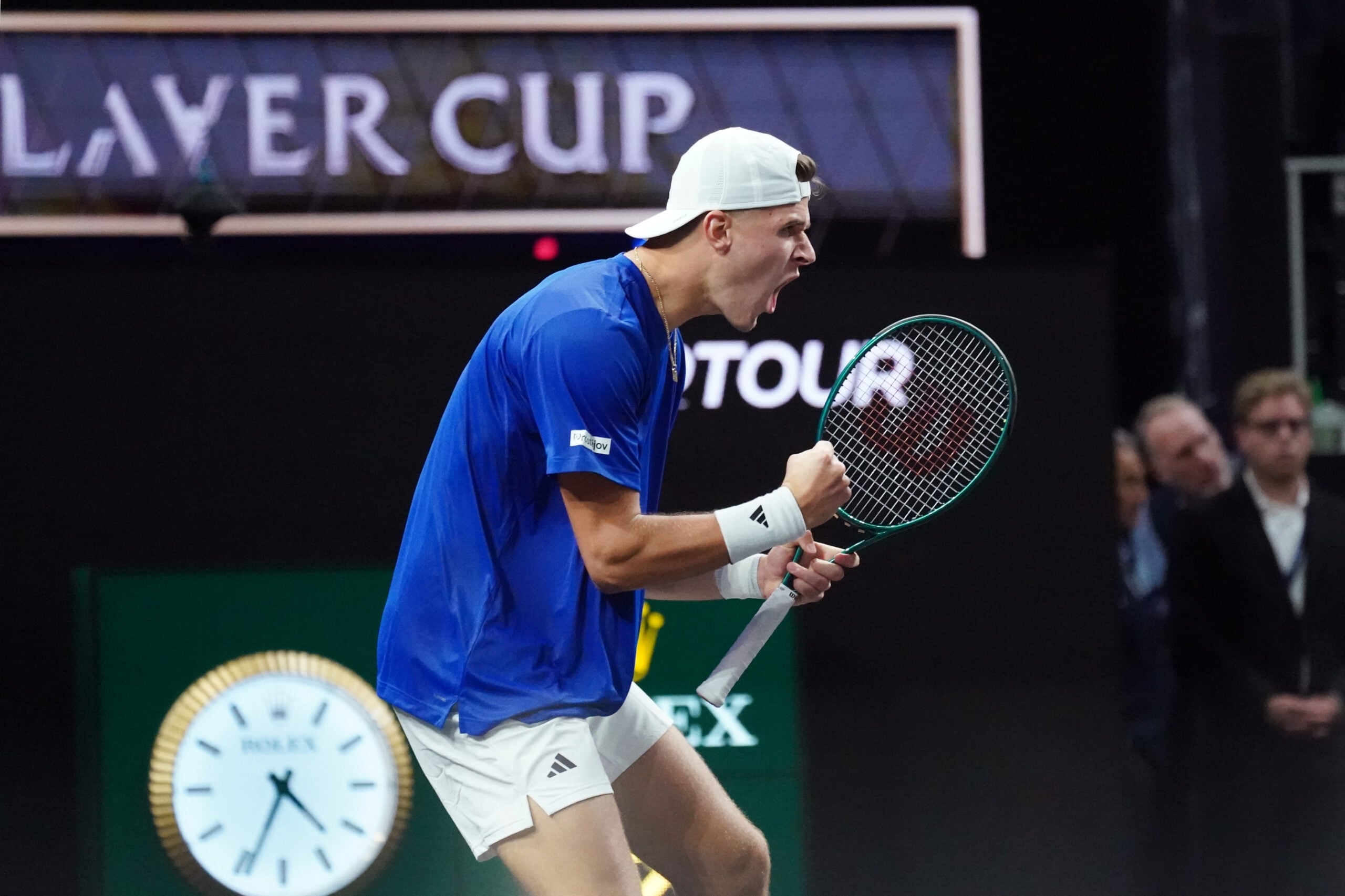Sep 19, 2025; San Francisco, CA, USA; Team Europe player Jakub Mensik celebrates against Team World player Alex Michelsen during the Laver Cup  at Chase Center. Mandatory Credit: David Gonzales-Imagn Images