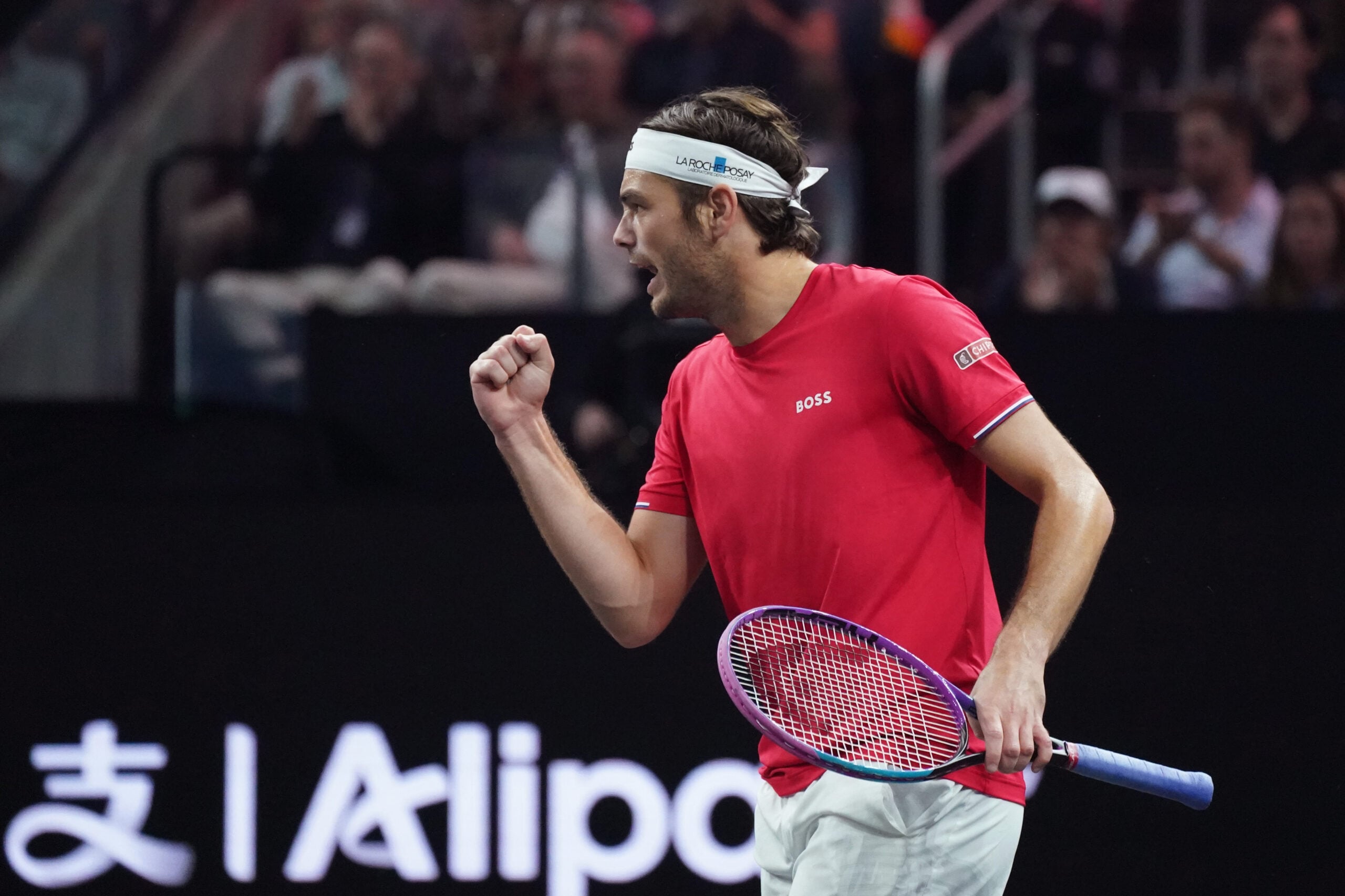 Sep 20, 2025; San Francisco, CA, USA;  Team World player Taylor Fritz celebrates after winning a point against Team Europe player Carlos Alcaraz at the Laver Cup at Chase Center. Mandatory Credit: David Gonzales-Imagn Images