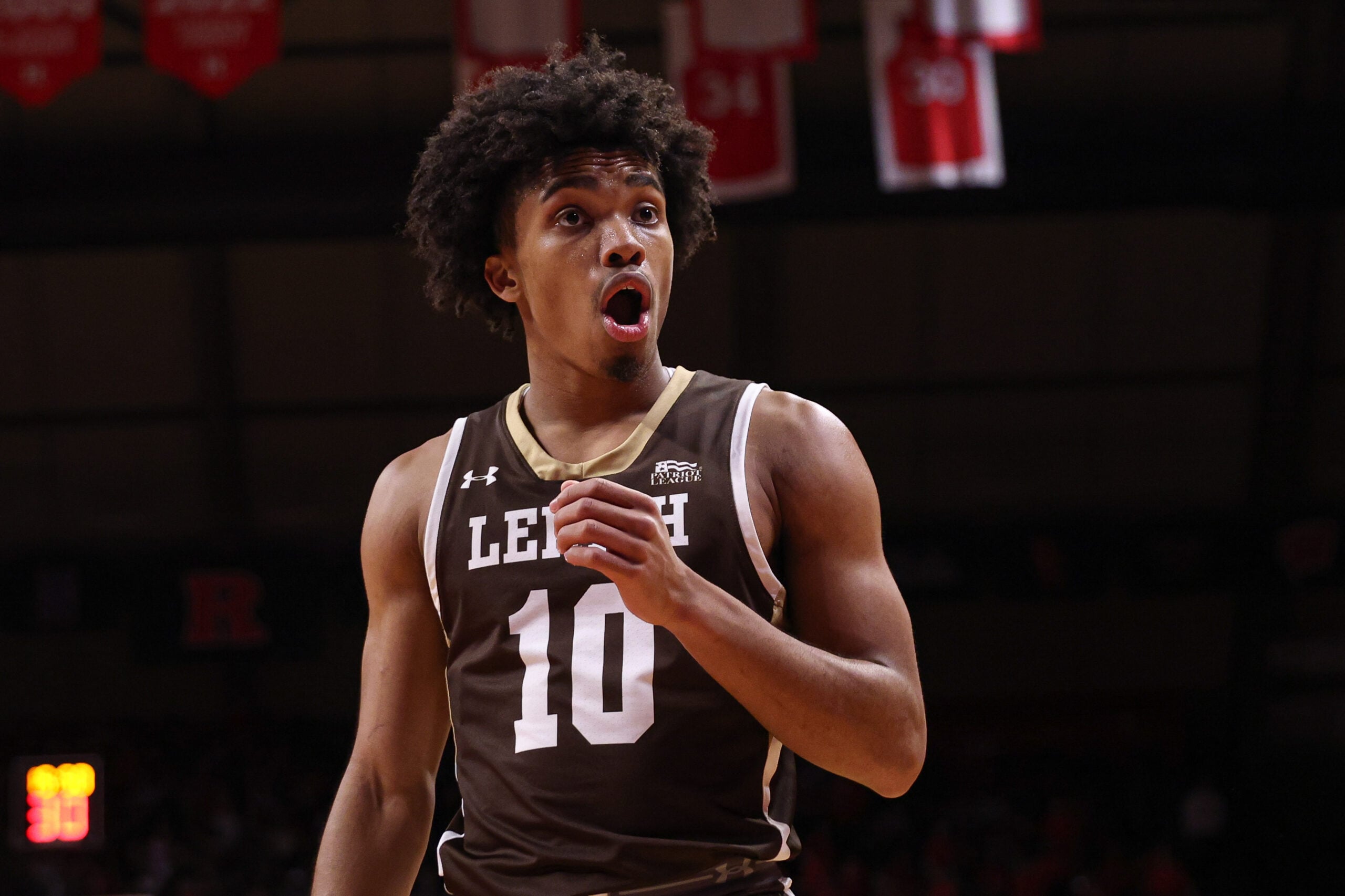 Nov 14, 2025; Piscataway, New Jersey, USA; Lehigh Mountain Hawks guard Caleb Thomas (10) reacts during the second half against the Rutgers Scarlet Knights at Jersey Mike's Arena. Mandatory Credit: Vincent Carchietta-Imagn Images