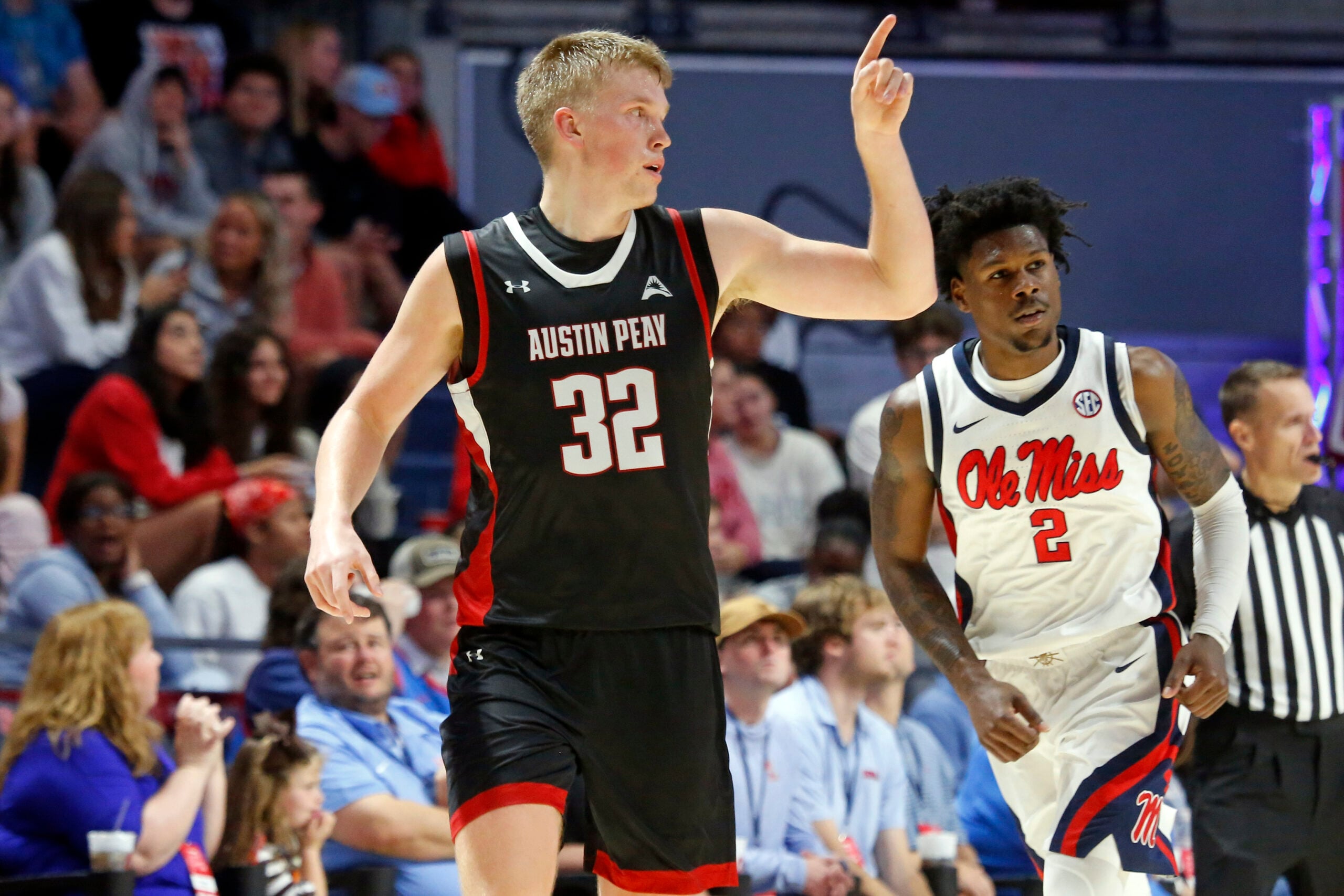 Nov 18, 2025; Oxford, Mississippi, USA; Austin Peay Governors forward Collin Parker (32) reacts after a three point basket during the second half against the Mississippi Rebels at The Sandy and John Black Pavilion at Ole Miss. Mandatory Credit: Petre Thomas-Imagn Images