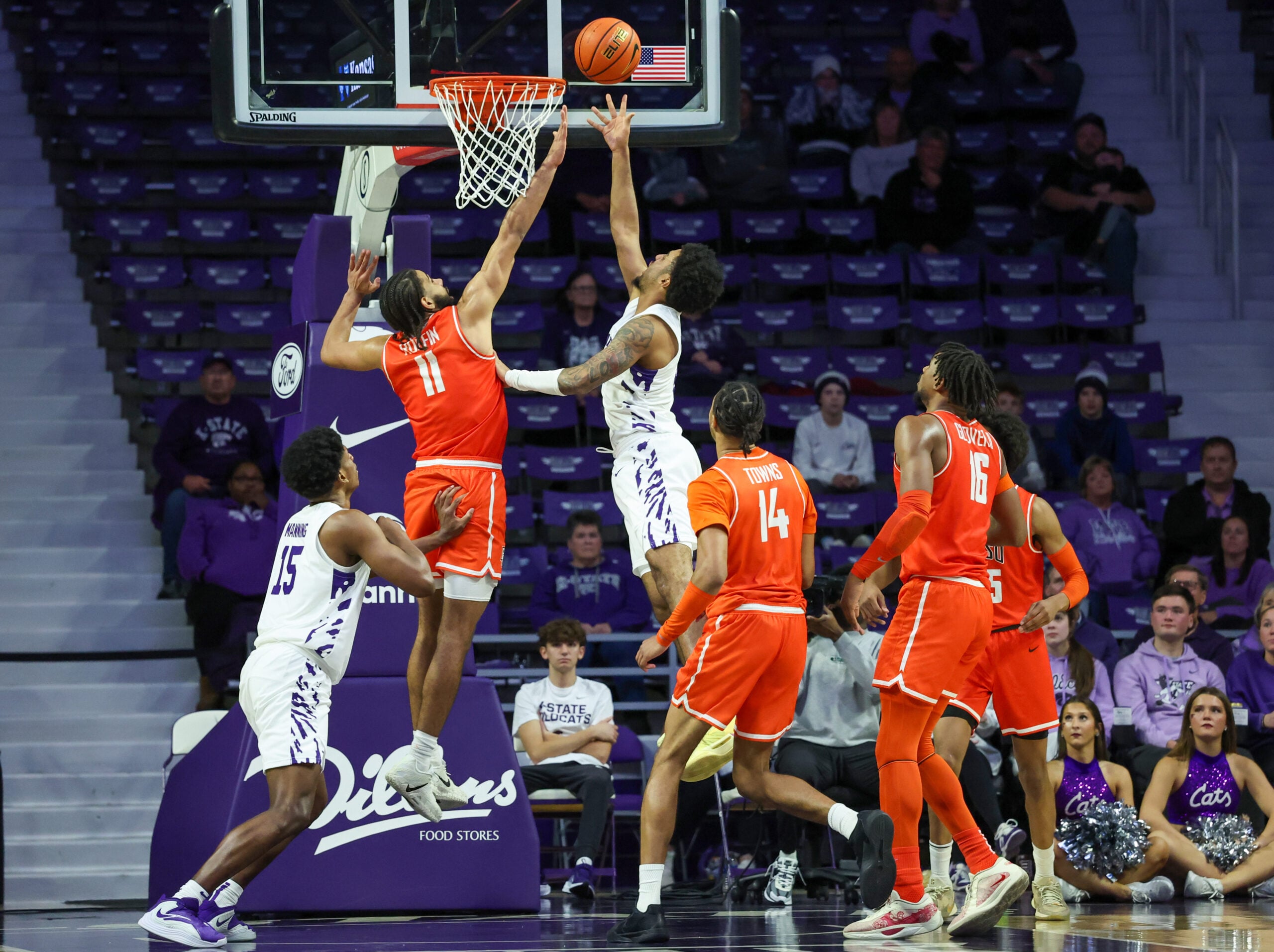 Dec 1, 2025; Manhattan, Kansas, USA; Kansas State Wildcats guard P.J. Haggerty (4) shoots against Bowling Green Falcons guard Javon Ruffin (11) during the second half at Bramlage Coliseum. Mandatory Credit: Scott Sewell-Imagn Images
