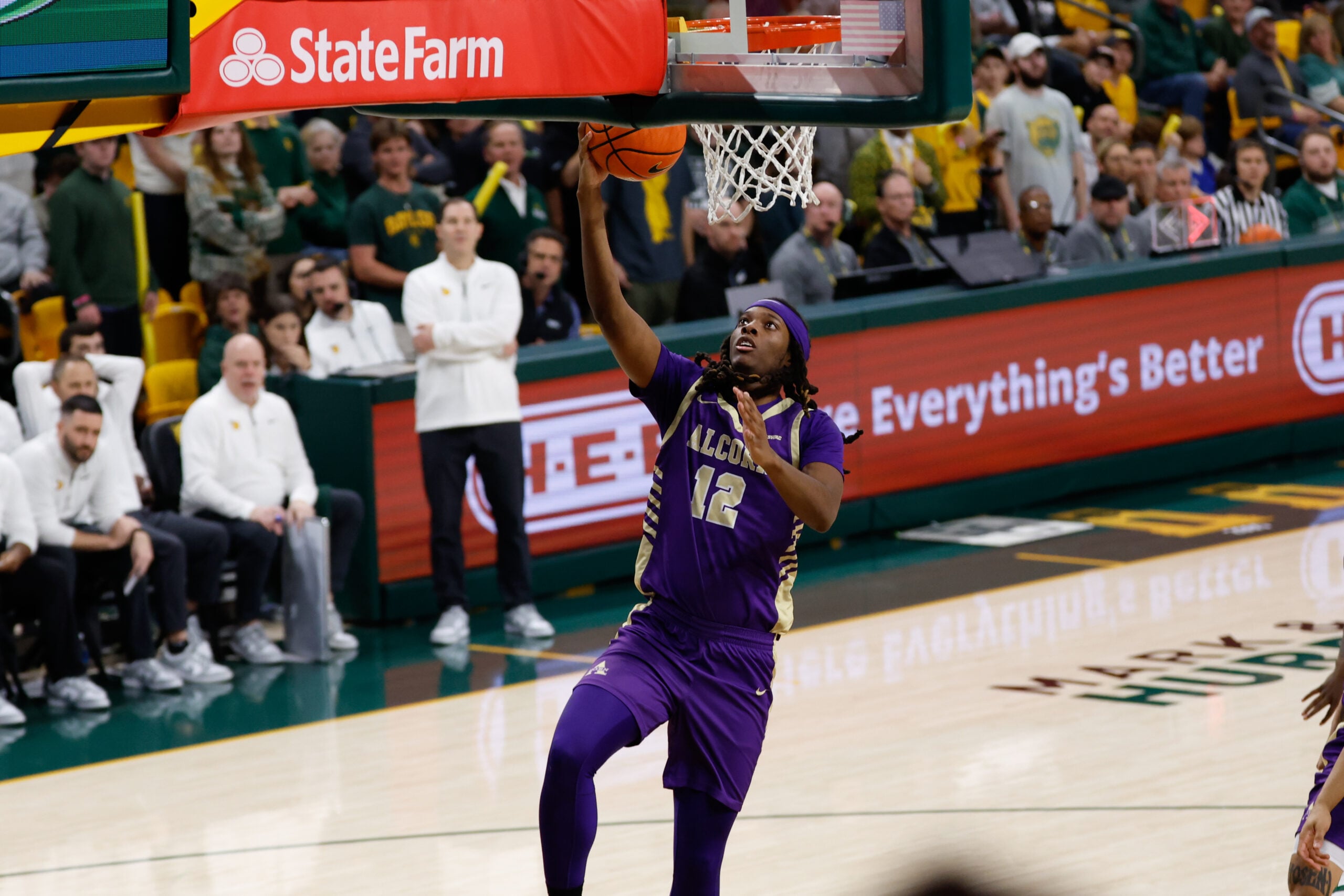 Dec 19, 2025; Waco, Texas, USA; Alcorn State Braves guard Omari Hamilton (12) scores a layup against the Baylor Bears during the first half at Paul and Alejandra Foster Pavilion. Mandatory Credit: Chris Jones-Imagn Images
