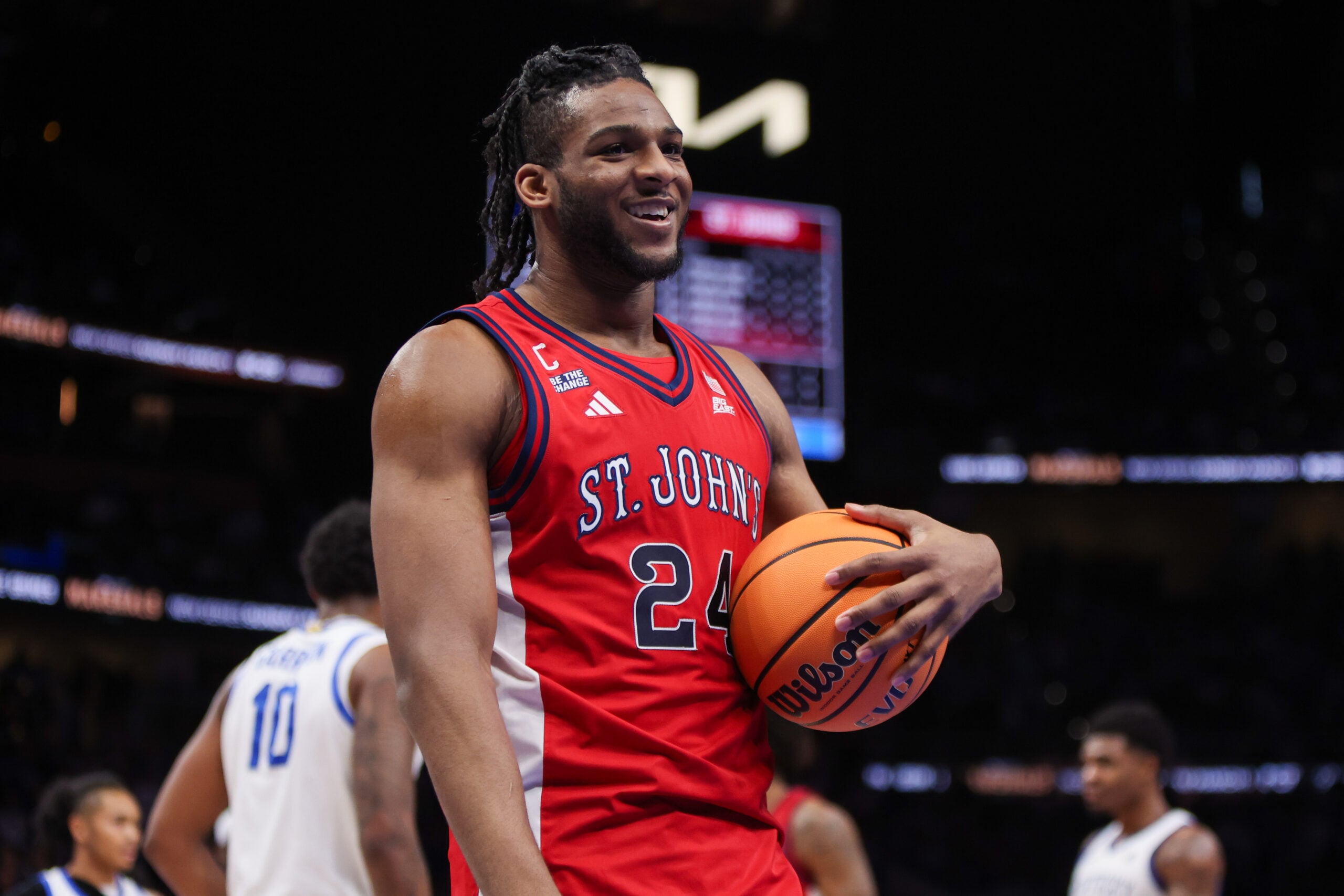 Dec 20, 2025; Atlanta, Georgia, USA; St. John Red Storm forward Zuby Ejiofor (24) reacts after being fouled against the Kentucky Wildcats in the second half at State Farm Arena. Mandatory Credit: Brett Davis-Imagn Images