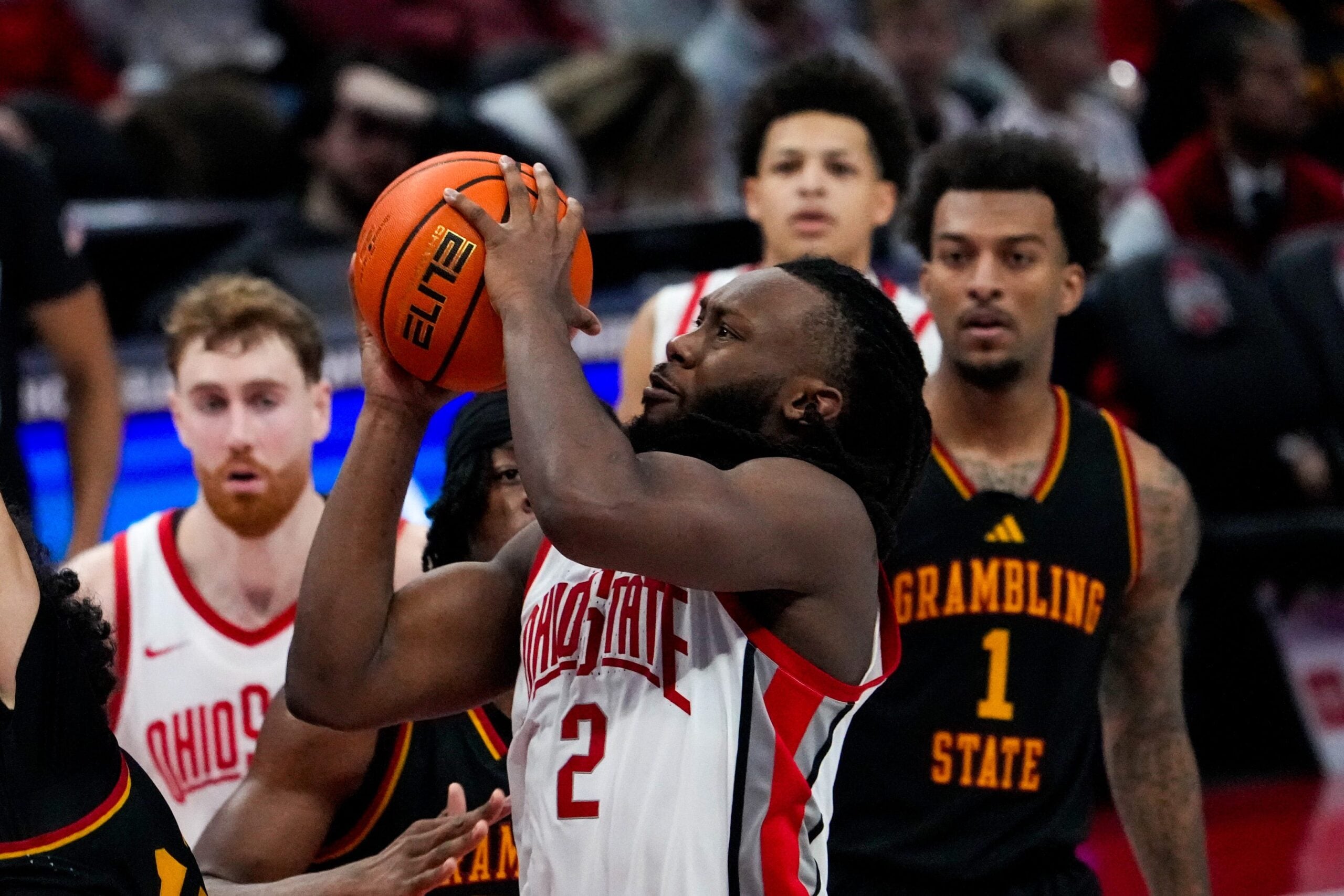 Ohio State Buckeyes guard Bruce Thornton (2) shoots the ball against the Grambling State Tigers in the second half of the NCAA men’s basketball game Value City Arena on Tuesday, Dec. 23, 2025 in Columbus, Ohio.