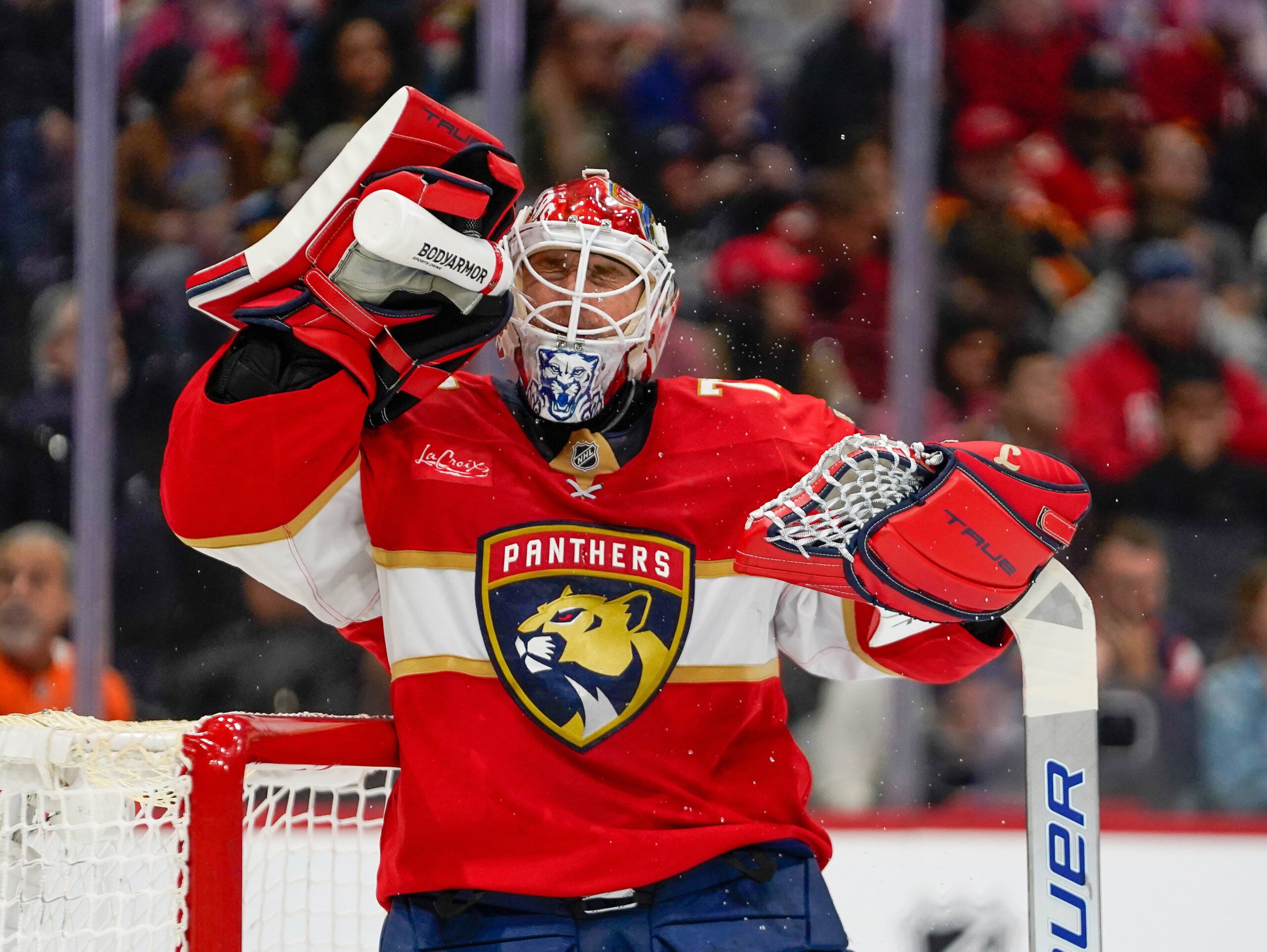 Dec 27, 2025; Sunrise, Florida, USA; Florida Panthers goaltender Sergei Bobrovsky (72) takes a water break in a game against the Florida Panthers during the second period at Amerant Bank Arena. Mandatory Credit: Jeff Romance-Imagn Images