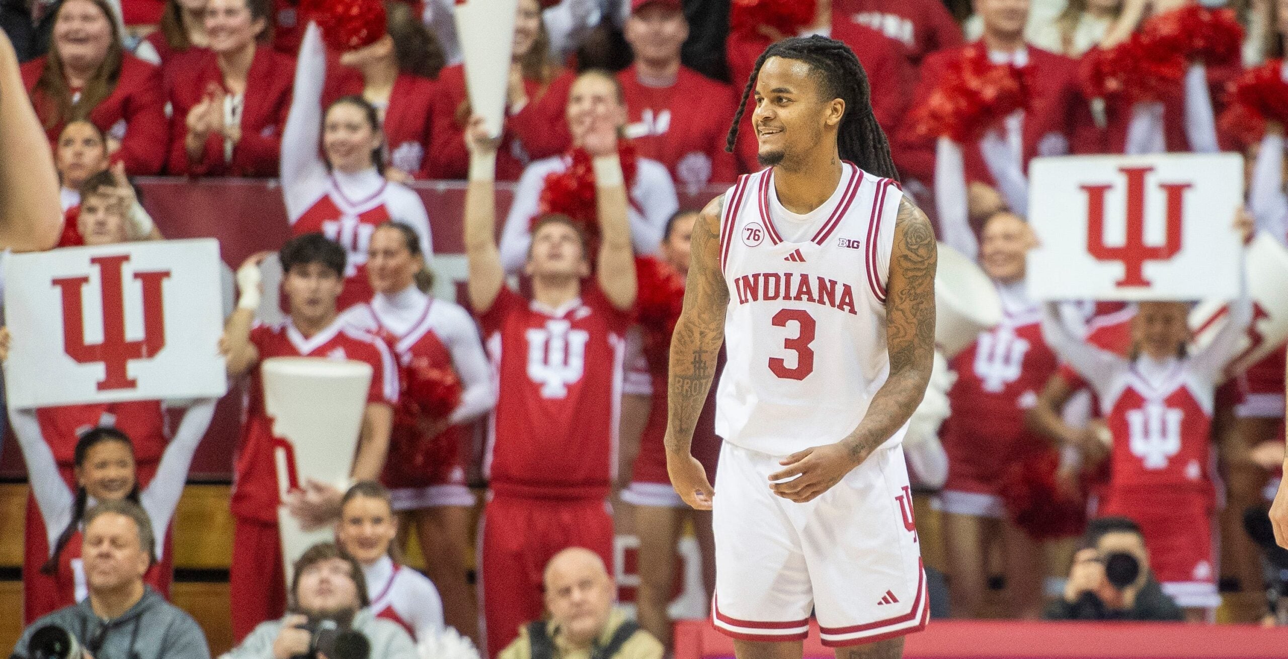 Indiana's Lamar Wilkerson (3) smiles after setting the scoring record during the Indiana versus Penn State men's basketball game at Simon Skjodt Assembly Hall on Tuesday, Dec. 9, 2025.