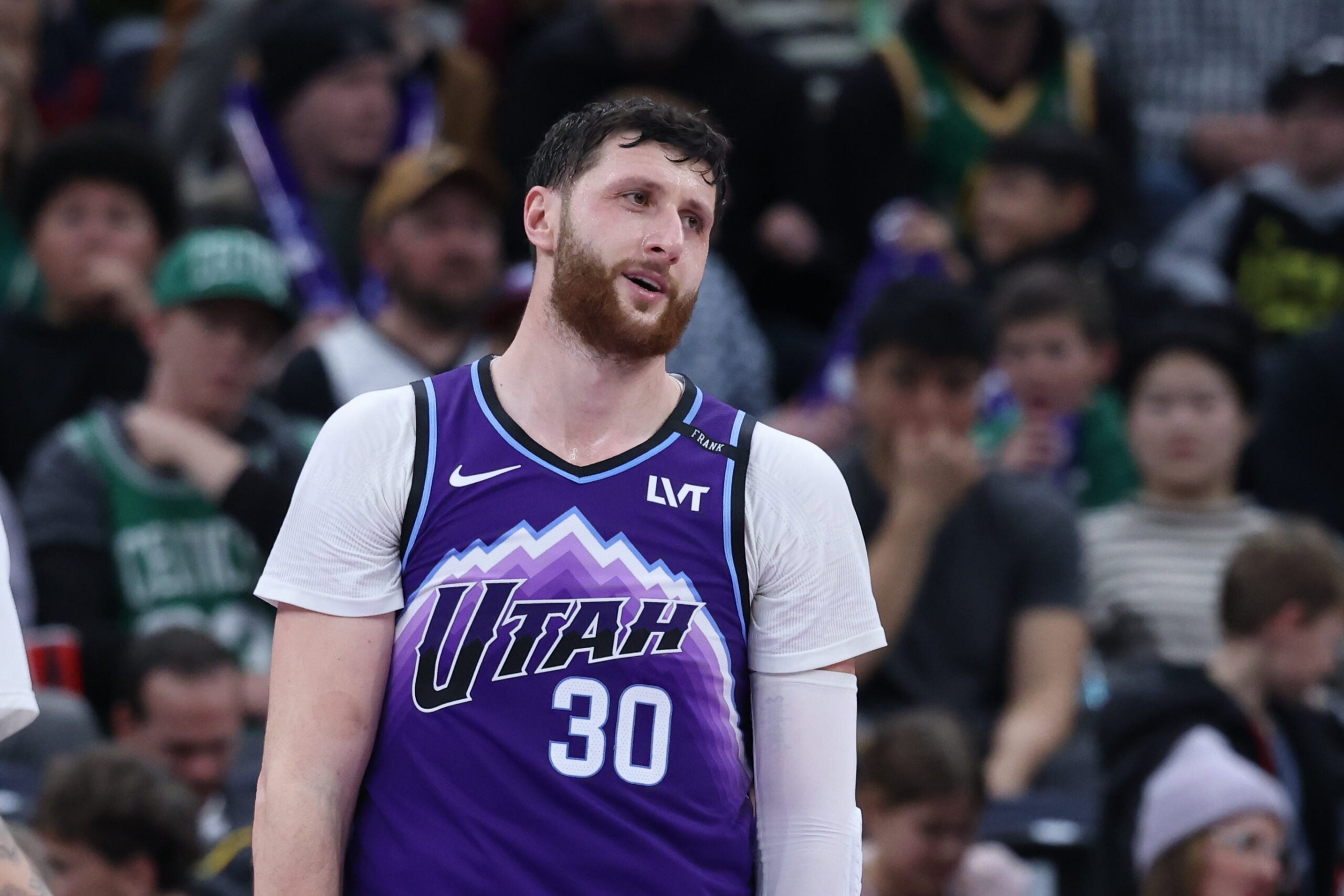 Dec 30, 2025; Salt Lake City, Utah, USA; Utah Jazz center Jusuf Nurkic (30) reacts after a play against the Boston Celtics during the second half at Delta Center. Mandatory Credit: Rob Gray-Imagn Images