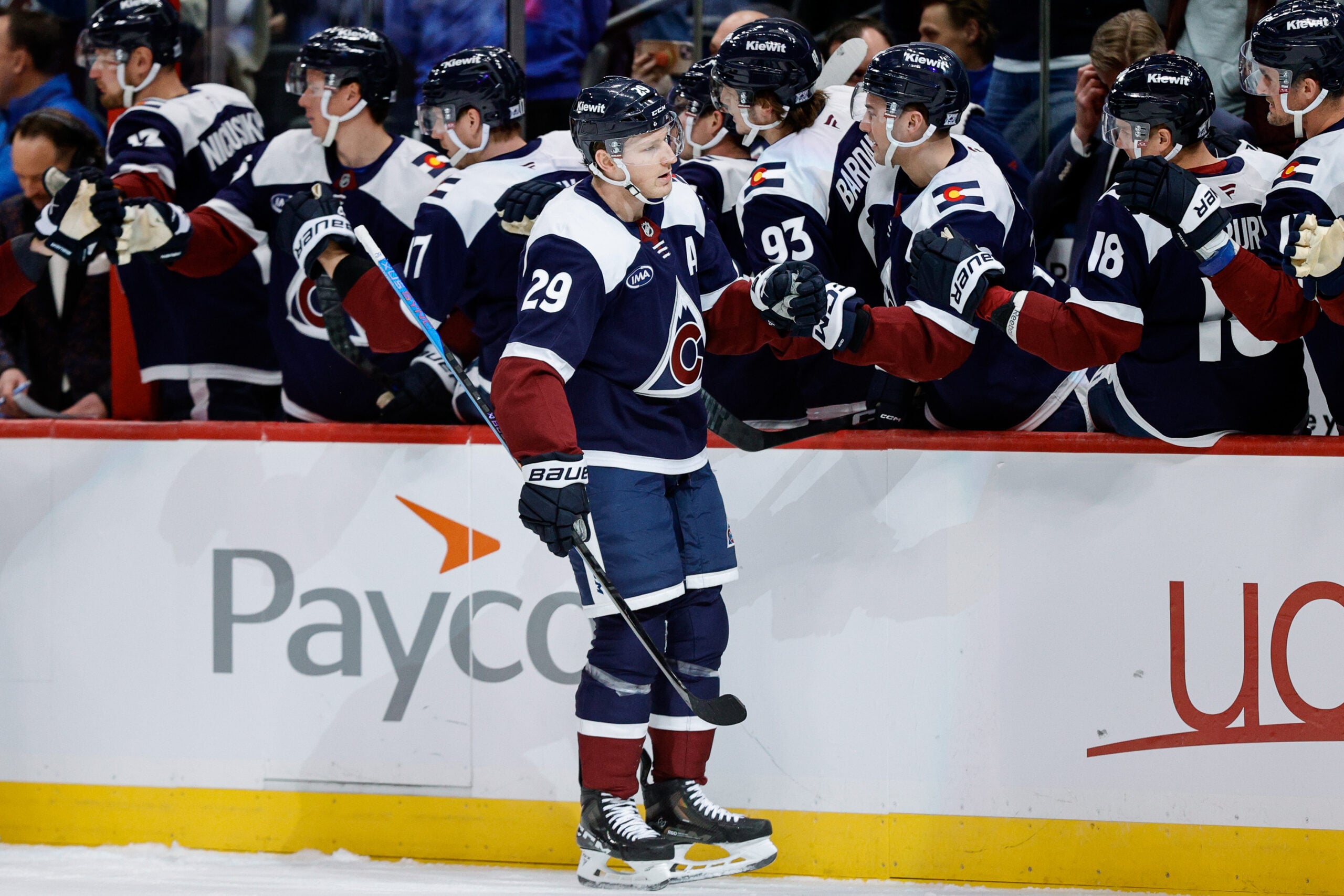 Dec 31, 2025; Denver, Colorado, USA; Colorado Avalanche center Nathan MacKinnon (29) celebrates with the bench after his second goal in the first period against the St. Louis Blues at Ball Arena. Mandatory Credit: Isaiah J. Downing-Imagn Images