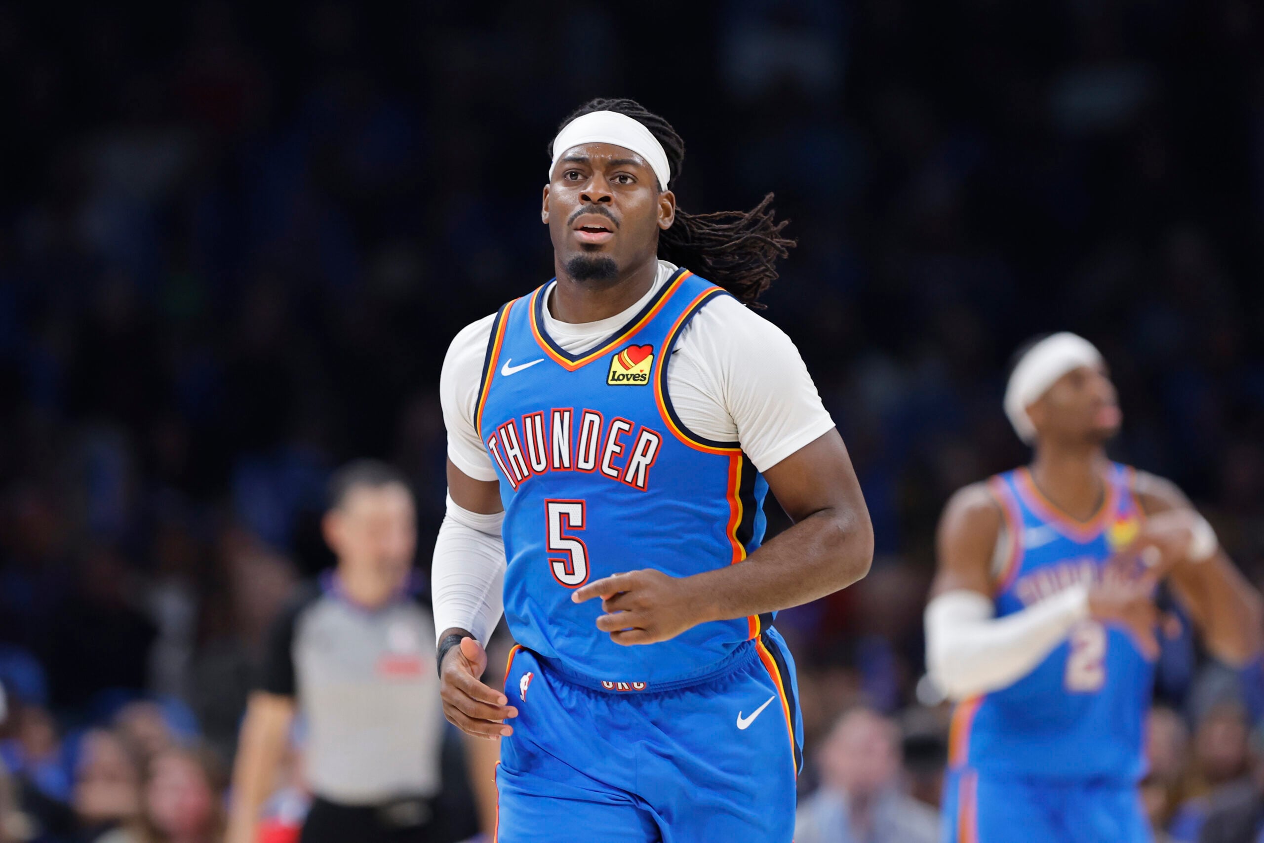 Dec 31, 2025; Oklahoma City, Oklahoma, USA; Oklahoma City Thunder guard Luguentz Dort (5) runs down the court against the Portland Trail Blazers during the second half at Paycom Center. Mandatory Credit: Alonzo Adams-Imagn Images
