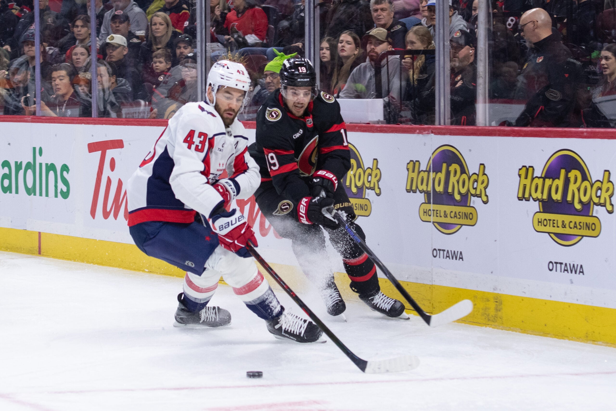 Jan 1, 2026; Ottawa, Ontario, CAN; Washington Capitals right wing Tom Wilson (43) and Ottawa Senators right wing Drake Batherson (19) chase the puck in the first period at the Canadian Tire Centre. Mandatory Credit: Marc DesRosiers-IMAGN Images