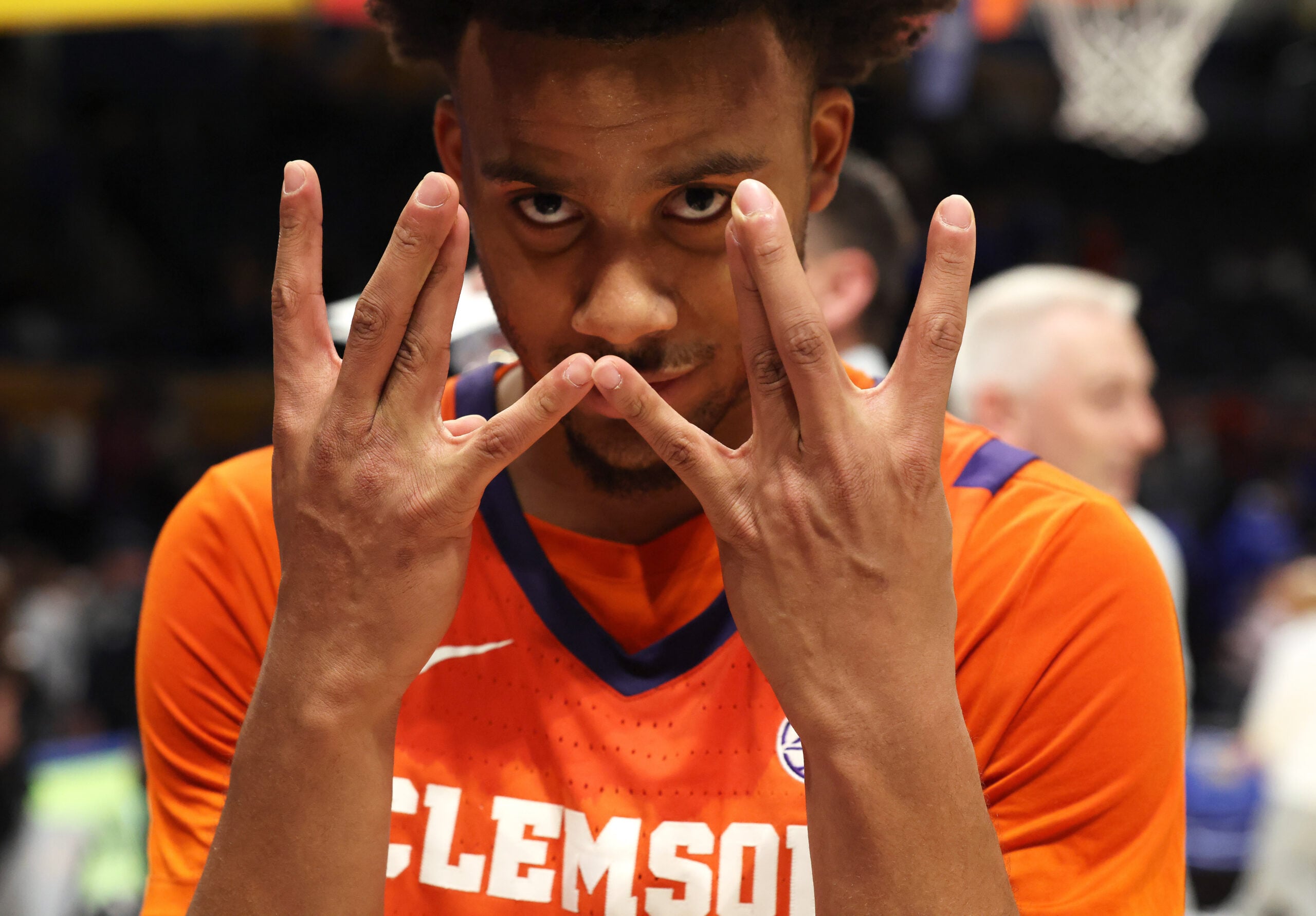 Jan 3, 2026; Pittsburgh, Pennsylvania, USA;  Clemson Tigers guard Efrem Johnson (4) reacts after defeating the Pittsburgh Panthers at the Petersen Events Center. Mandatory Credit: Charles LeClaire-Imagn Images