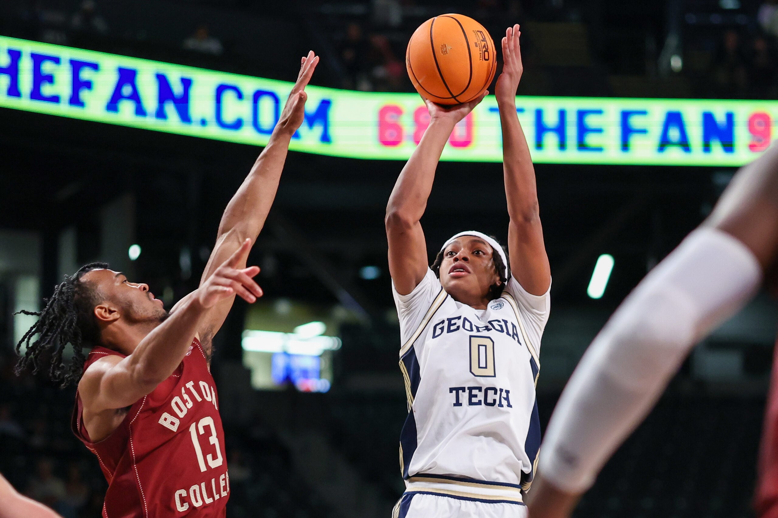 Jan 3, 2026; Atlanta, Georgia, USA; Georgia Tech Yellow Jackets guard Akai Fleming (0) shoots against the Boston College Eagles in the second half at McCamish Pavilion. Mandatory Credit: Brett Davis-Imagn Images