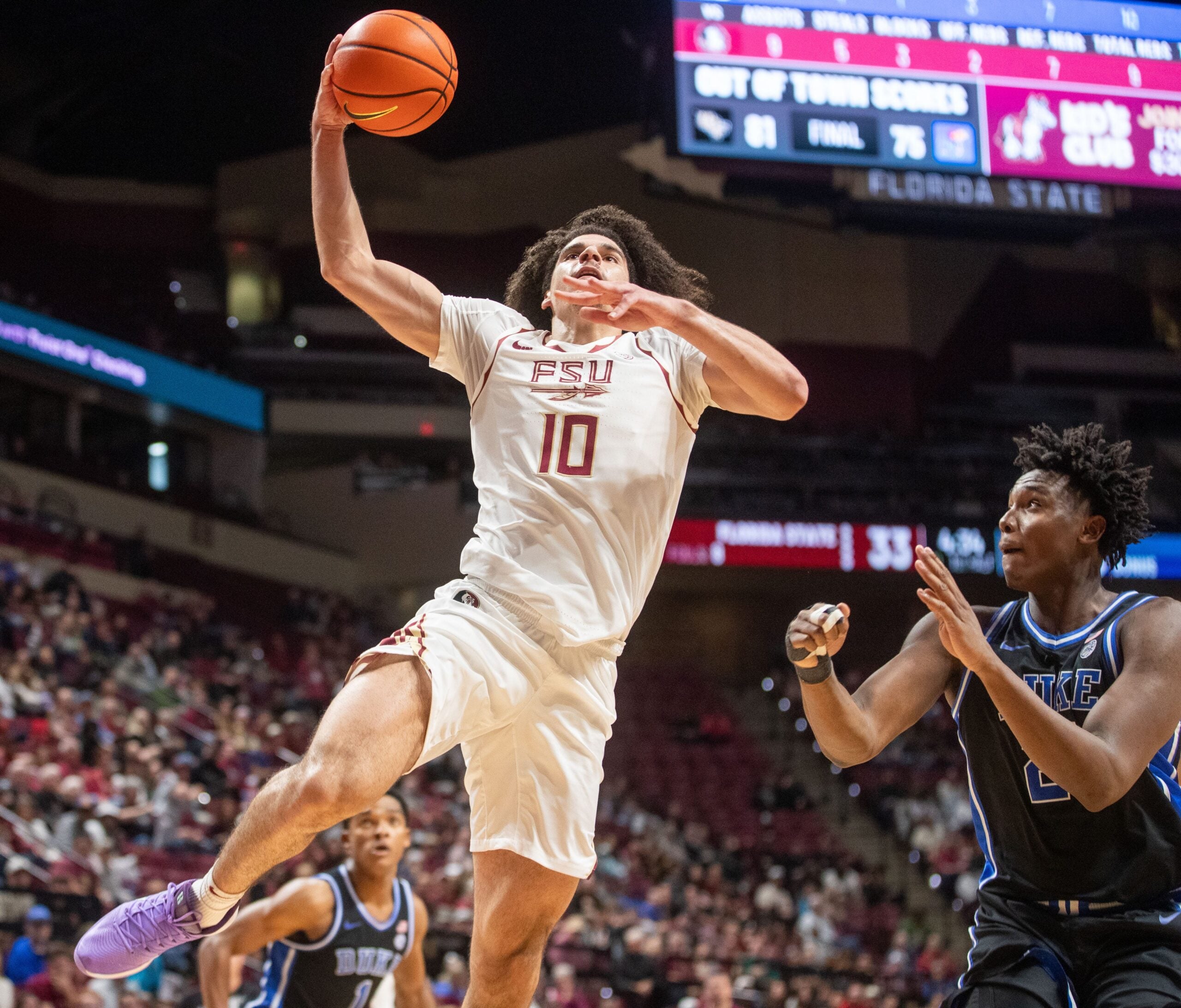 Florida State Seminoles guard Lajae Jones (10) shoots for two. The Duke Blue Devils defeated the Florida State Seminoles 91-87 at the Tucker Civic Center on Saturday, Jan. 3, 2026.