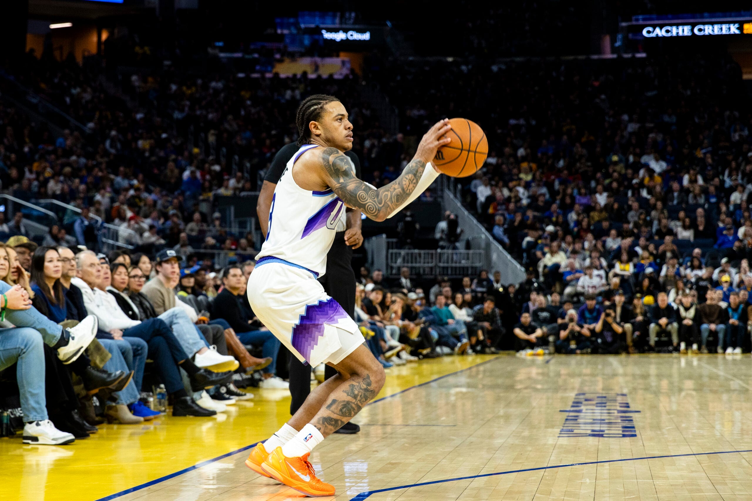 Jan 3, 2026; San Francisco, California, USA; Utah Jazz guard Keyonte George (3) takes a three-point shot against the Golden State Warriors during the fourth quarter at Chase Center. Mandatory Credit: John Hefti-Imagn Images
