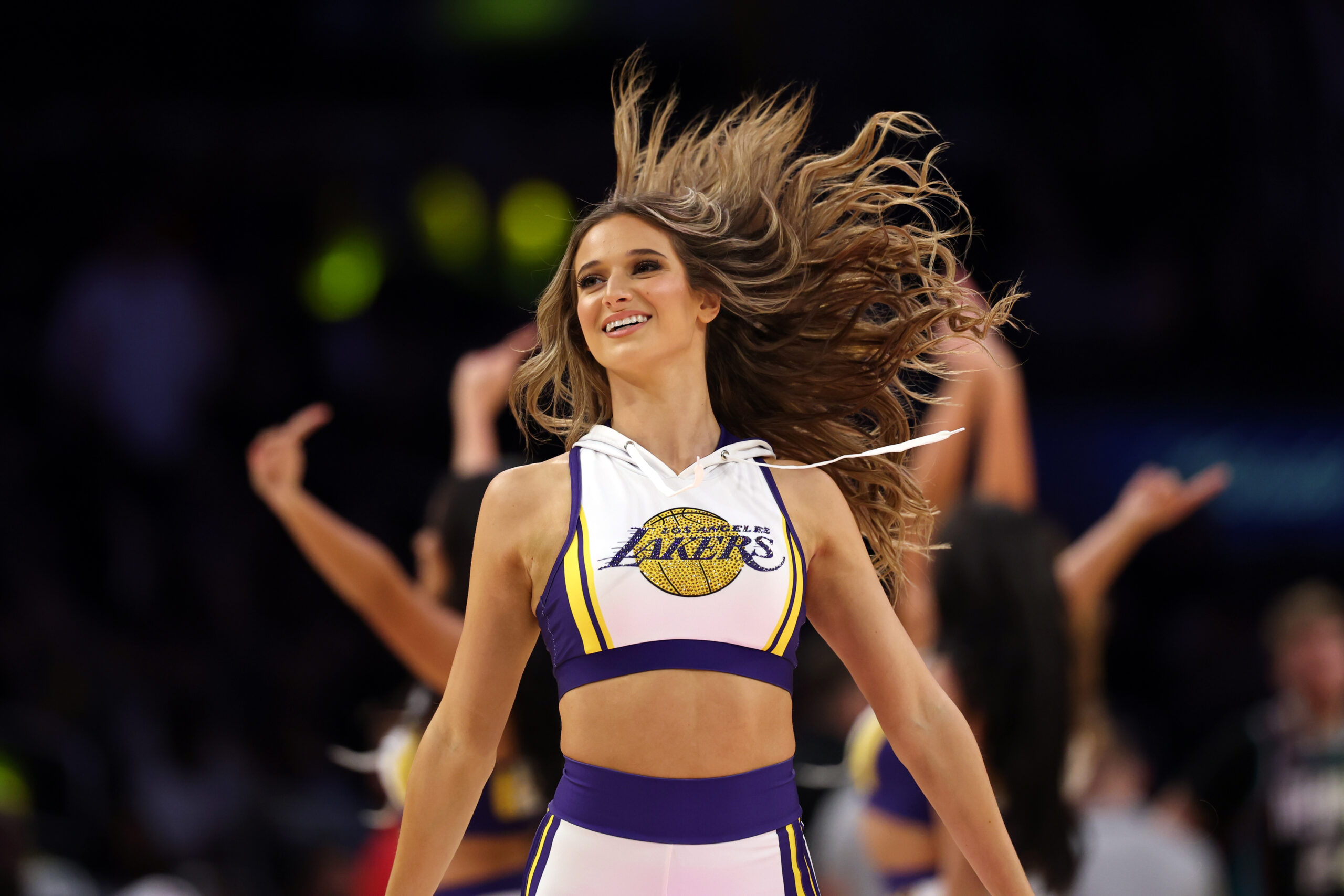 Jan 4, 2026; Los Angeles, California, USA; A member of the Laker Girls performs during an NBA game between the Los Angeles Lakers and the Memphis Grizzlies at Crypto.com Arena. Mandatory Credit: Kiyoshi Mio-Imagn Images