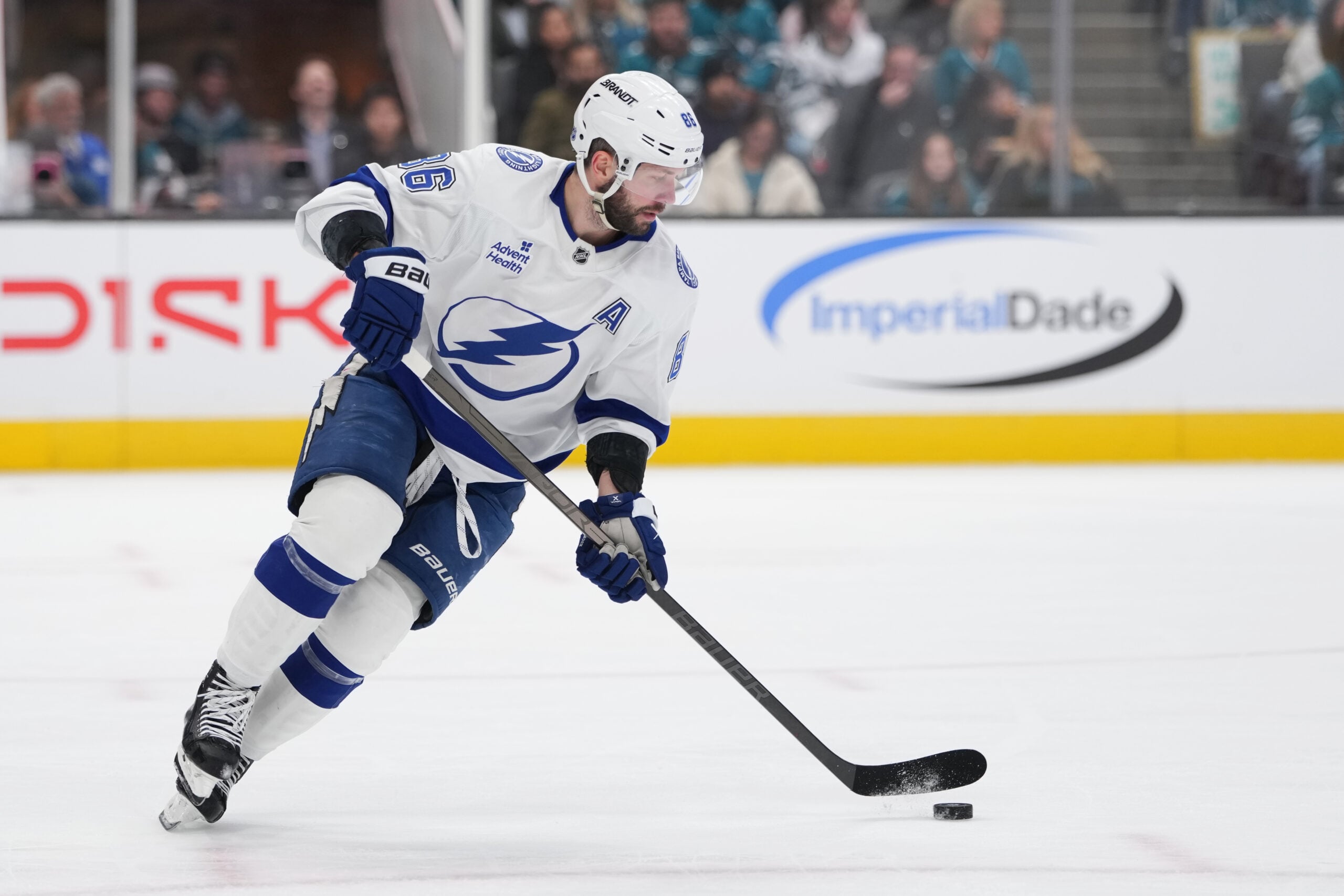 Jan 3, 2026; San Jose, California, USA; Tampa Bay Lightning right wing Nikita Kucherov (86) during the second period against the San Jose Sharks at SAP Center at San Jose. Mandatory Credit: Darren Yamashita-Imagn Images