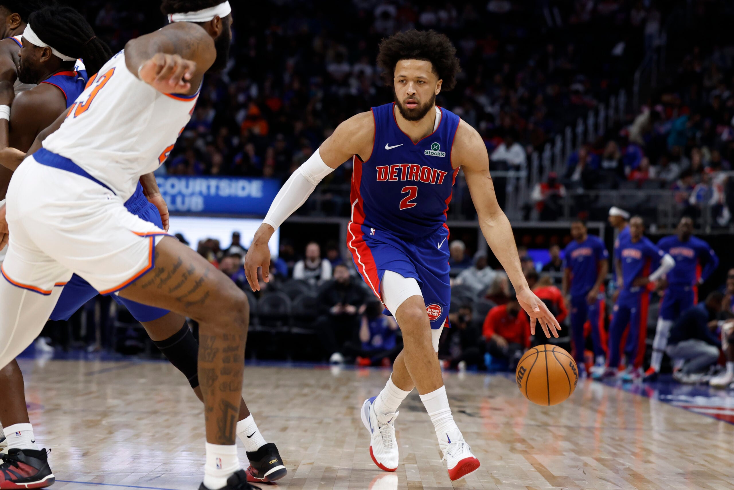 Jan 5, 2026; Detroit, Michigan, USA; Detroit Pistons guard Cade Cunningham (2) dribbles in the second half against the New York Knicks at Little Caesars Arena. Mandatory Credit: Rick Osentoski-Imagn Images
