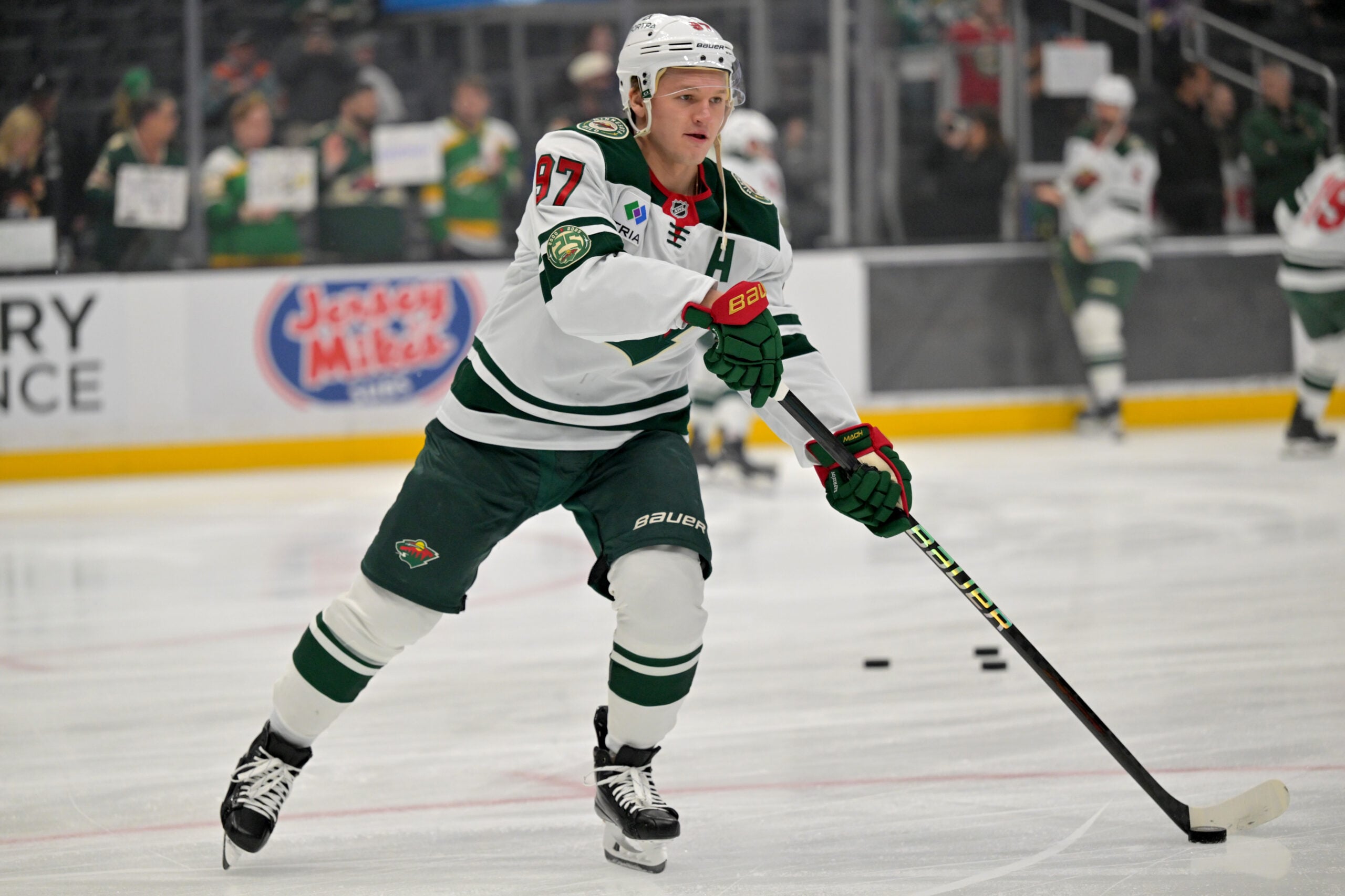 Jan 5, 2026; Los Angeles, California, USA;  Minnesota Wild left wing Kirill Kaprizov (97) warms up prior to the game against the Los Angeles Kings at Crypto.com Arena. Mandatory Credit: Jayne Kamin-Oncea-Imagn Images