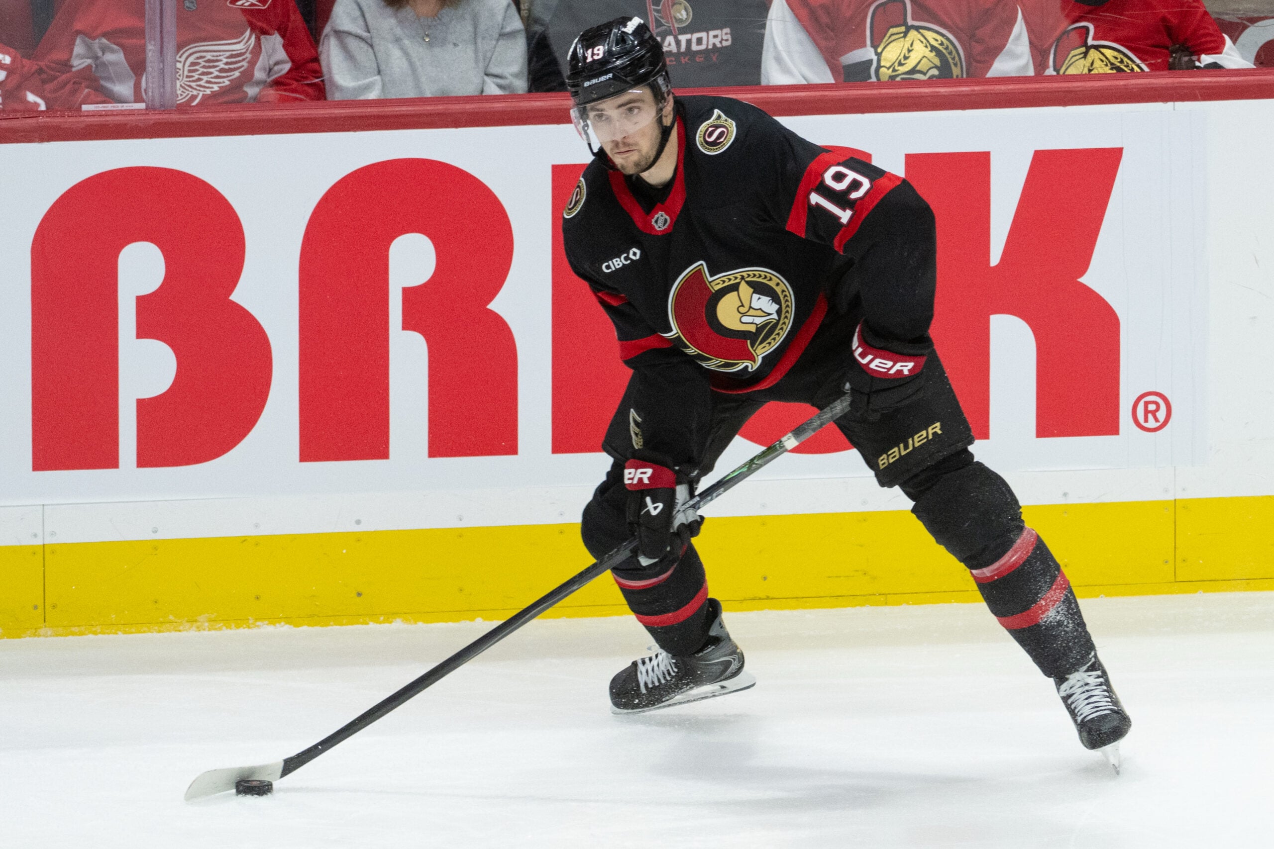 Jan 5, 2026; Ottawa, Ontario, CAN; Ottawa Senators right wing Drake batherson (19) skates with the puck in the third period against the Detroit Red Wings at the Canadian Tire Centre. Mandatory Credit: Marc DesRosiers-IMAGN Images