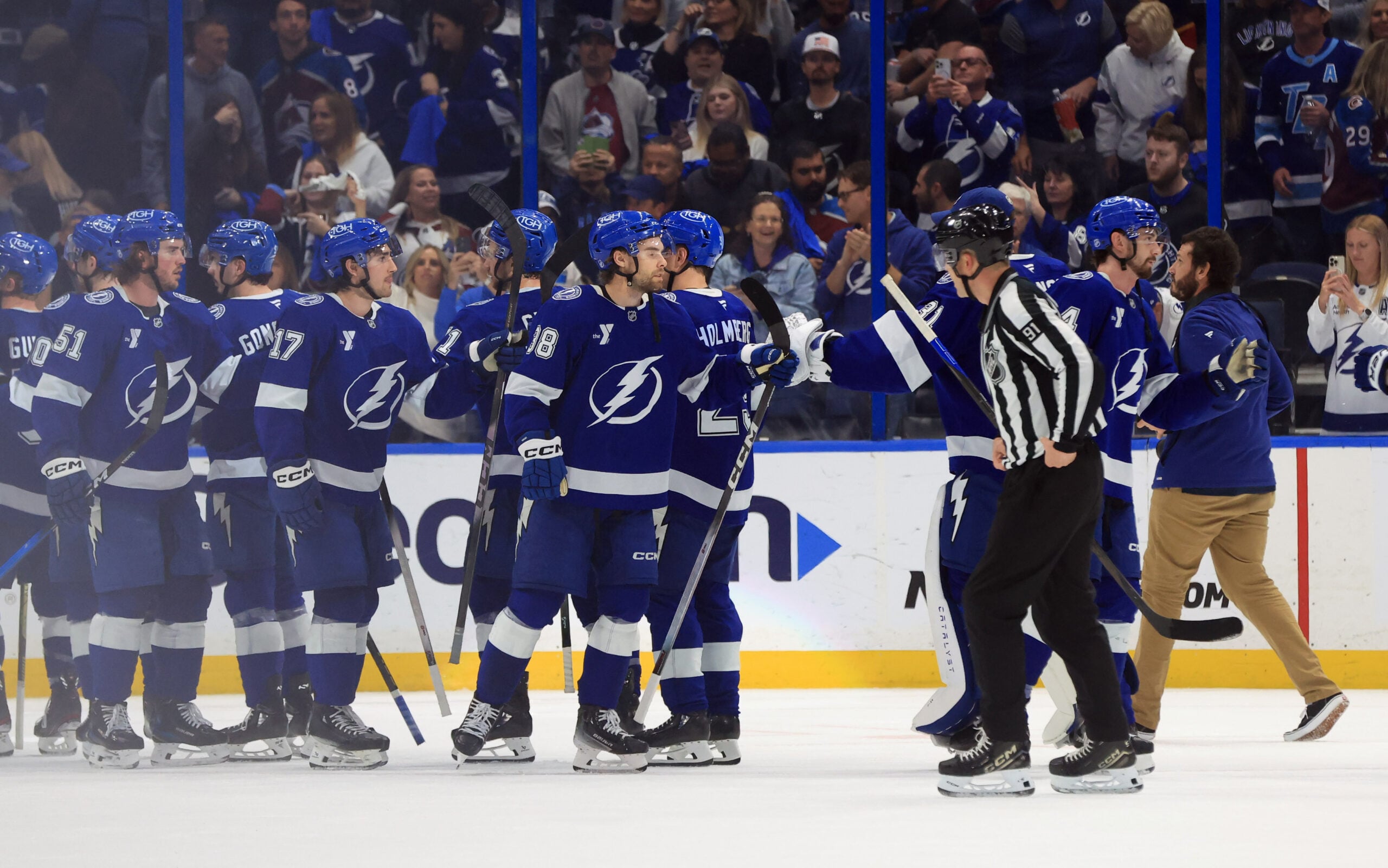 Jan 6, 2026; Tampa, Florida, USA; Tampa Bay Lightning left wing Brandon Hagel (38) and teammates celebrate after they beat the Colorado Avalanche during the third period at Benchmark International Arena. Mandatory Credit: Kim Klement Neitzel-Imagn Images