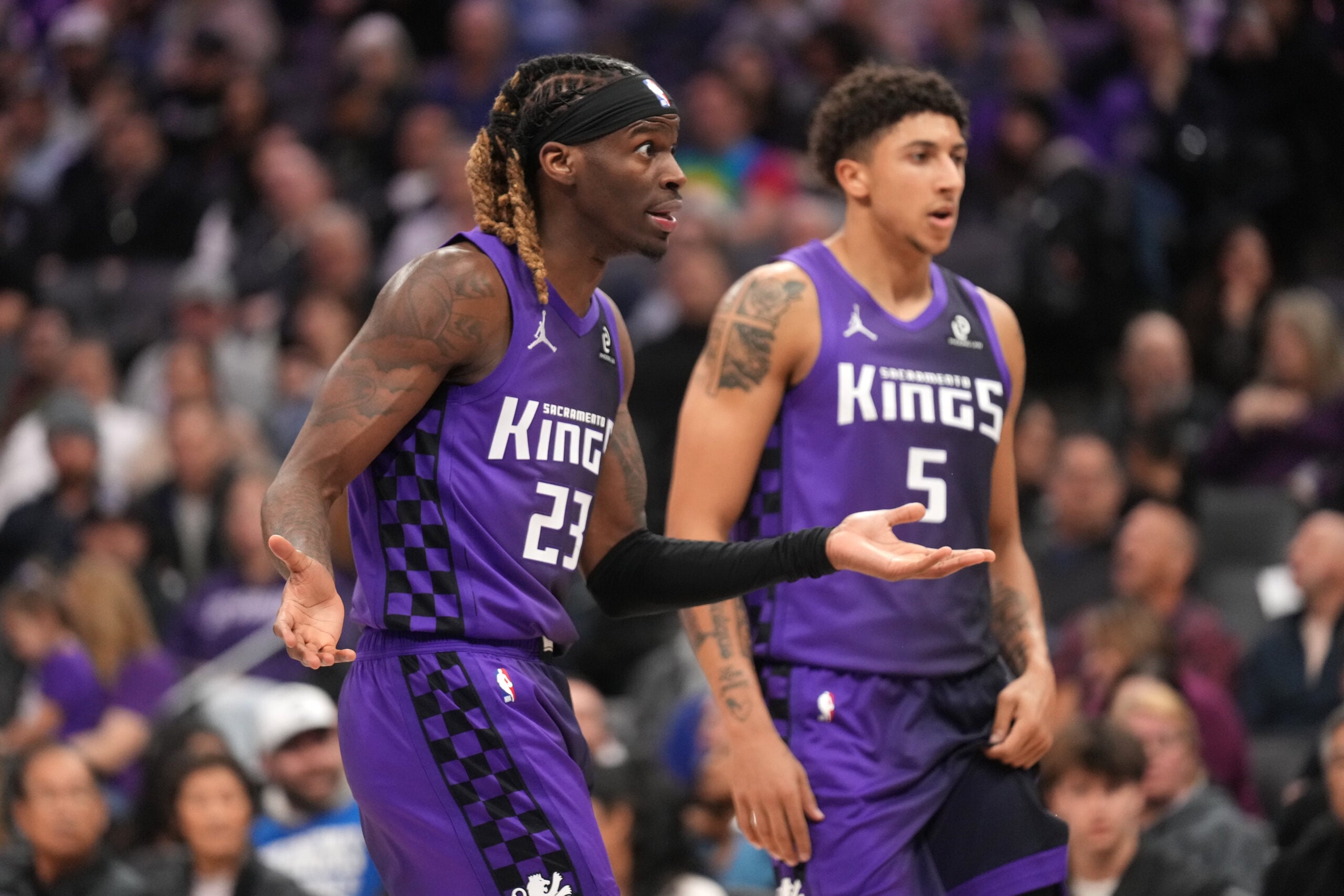 Jan 6, 2026; Sacramento, California, USA; Sacramento Kings guard Keon Ellis (23) reacts after a play against the Dallas Mavericks in the third quarter at the Golden 1 Center. Mandatory Credit: Cary Edmondson-Imagn Images