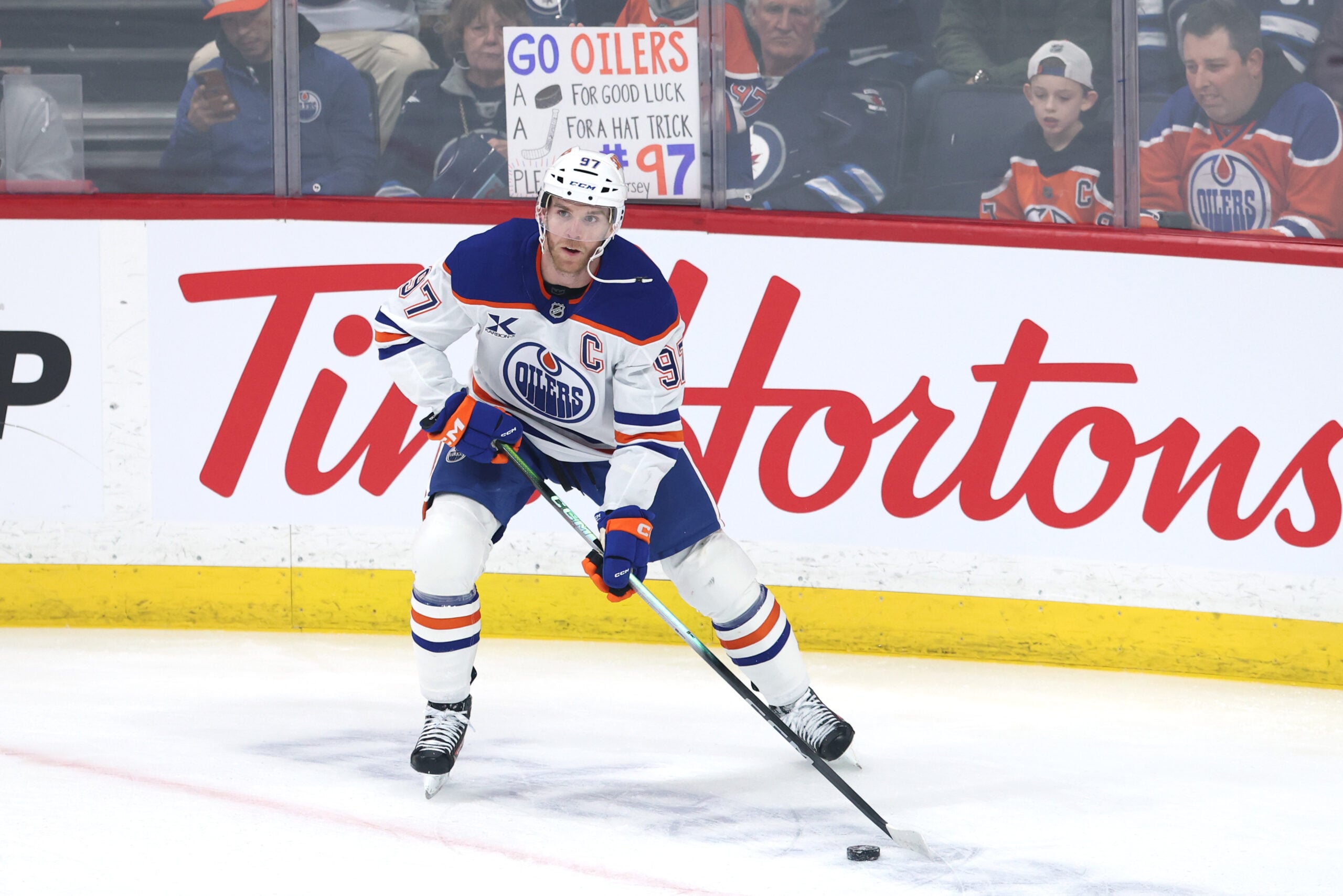 Jan 8, 2026; Winnipeg, Manitoba, CAN; Edmonton Oilers center Connor McDavid (97) warms up before a game against the Winnipeg Jets at Canada Life Centre. Mandatory Credit: James Carey Lauder-Imagn Images