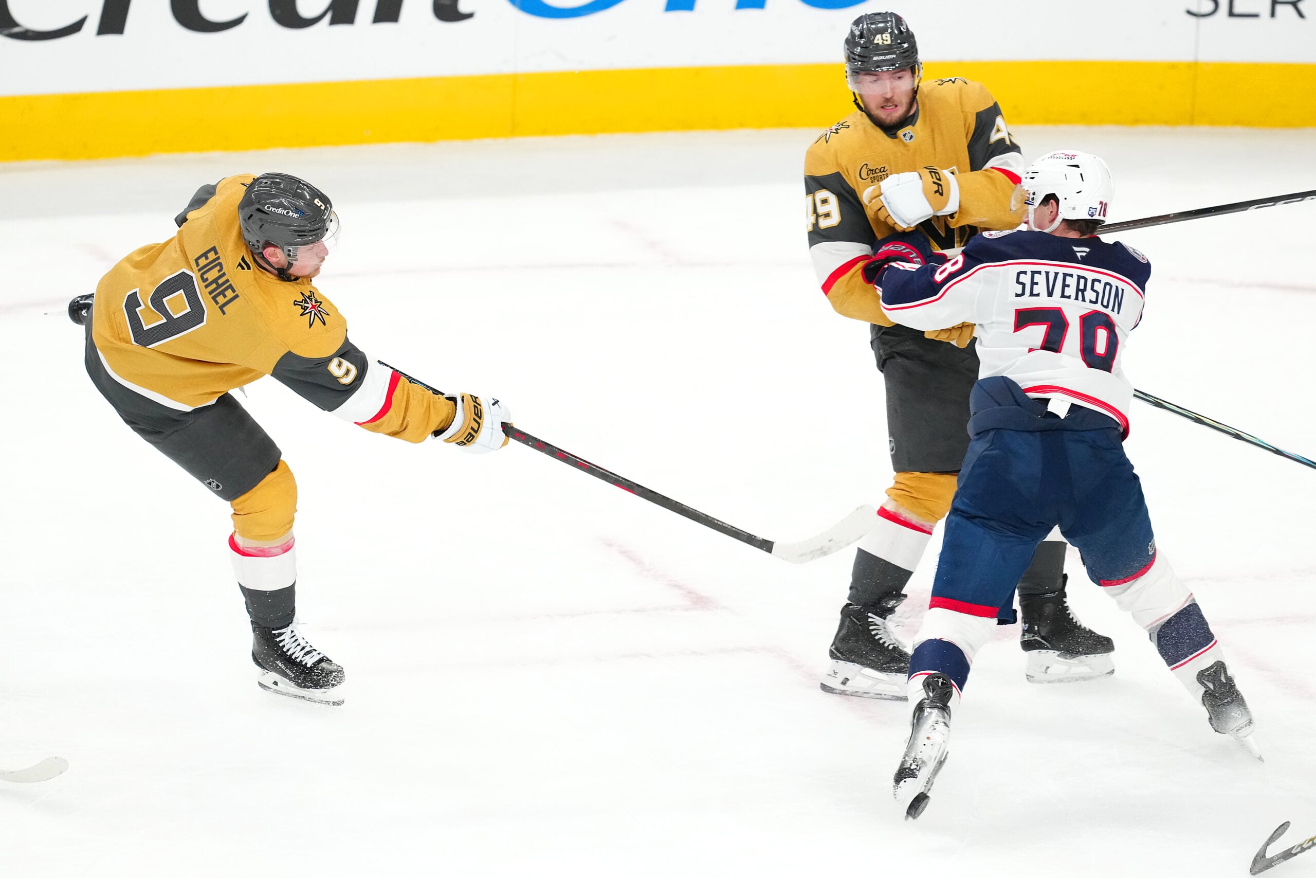 Jan 8, 2026; Las Vegas, Nevada, USA; A shot from Vegas Golden Knights center Jack Eichel (9) takes the blade off the skate of Columbus Blue Jackets defenseman Damon Severson (78) during the third period at T-Mobile Arena. Mandatory Credit: Stephen R. Sylvanie-Imagn Images
