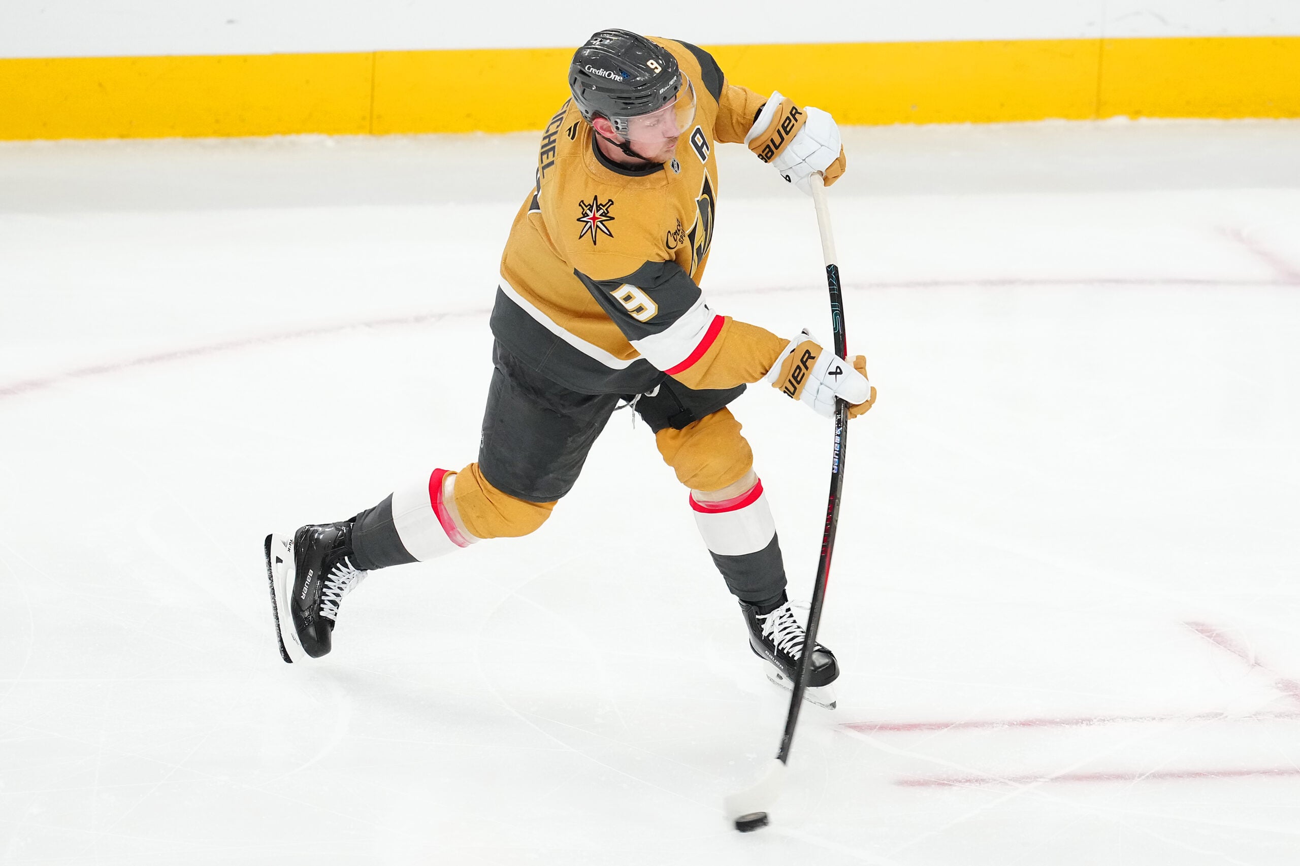 Jan 8, 2026; Las Vegas, Nevada, USA; Vegas Golden Knights center Jack Eichel (9) shoots against the Columbus Blue Jackets during the third period at T-Mobile Arena. Mandatory Credit: Stephen R. Sylvanie-Imagn Images