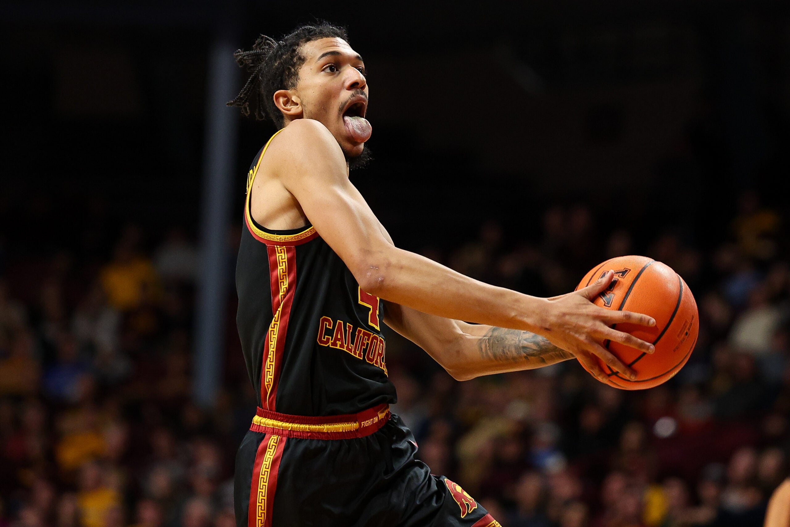 Jan 9, 2026; Minneapolis, Minnesota, USA; Southern California Trojans forward Chad Baker-Mazara (4) drives towards the basket against the Minnesota Golden Gophers during the second half at Williams Arena. Mandatory Credit: Matt Krohn-Imagn Images