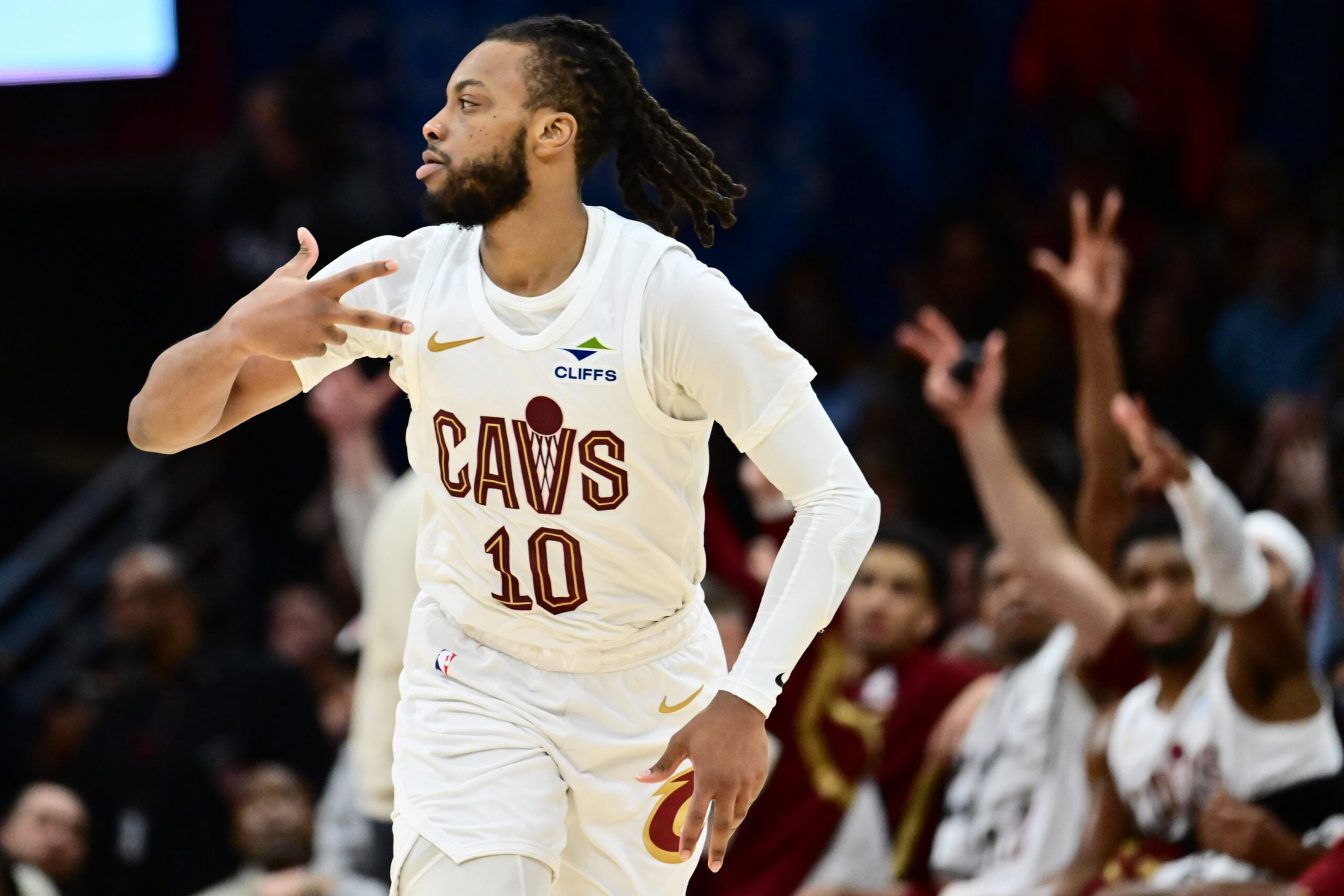 Jan 10, 2026; Cleveland, Ohio, USA; Cleveland Cavaliers guard Darius Garland (10) celebrates after hitting a three point basket against the Minnesota Timberwolves during the second half at Rocket Arena. Mandatory Credit: Ken Blaze-Imagn Images