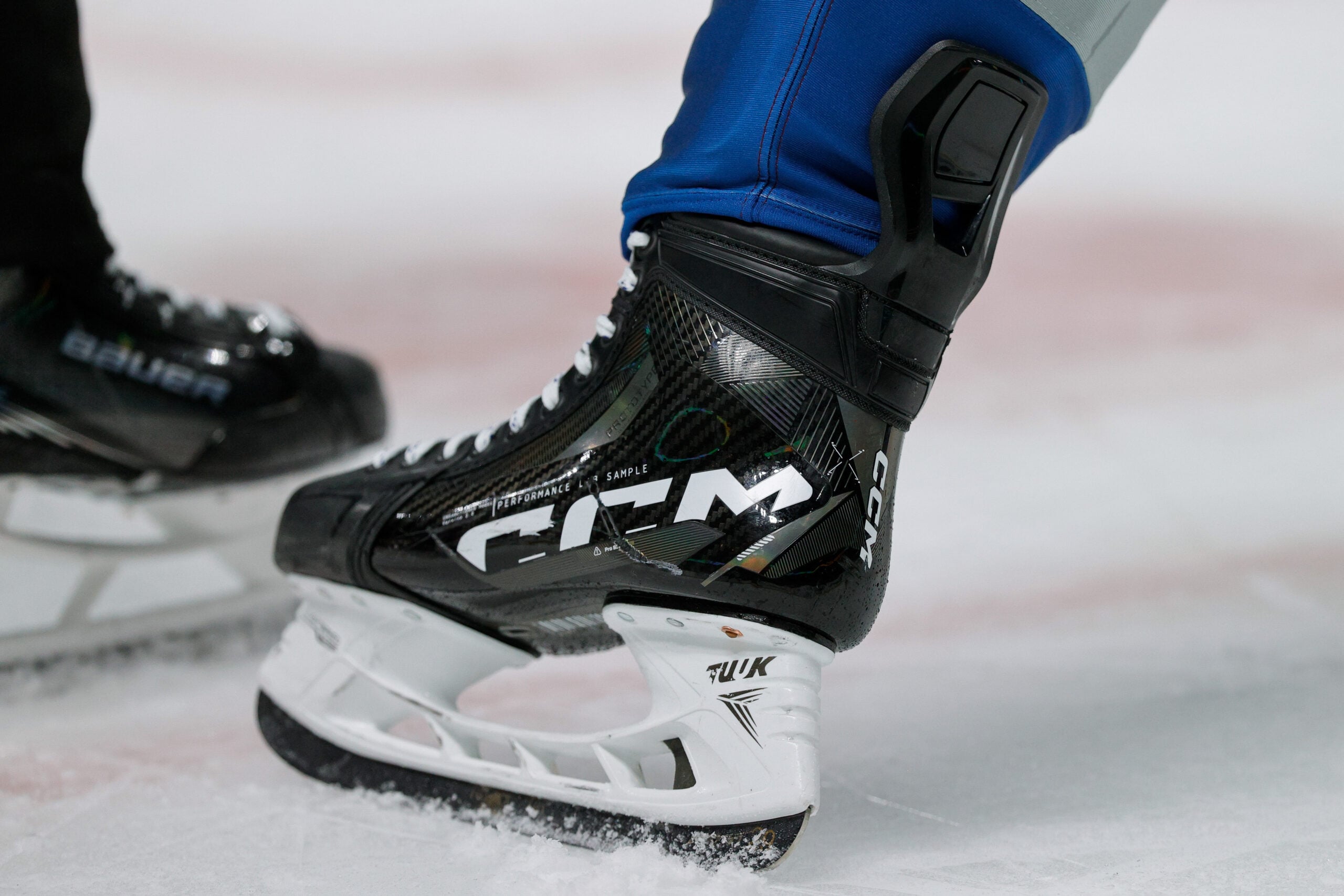 Jan 10, 2026; Denver, Colorado, USA; A detail view of the skates worn by Colorado Avalanche center Nathan MacKinnon (29) in the third period against the Columbus Blue Jackets at Ball Arena. Mandatory Credit: Isaiah J. Downing-Imagn Images