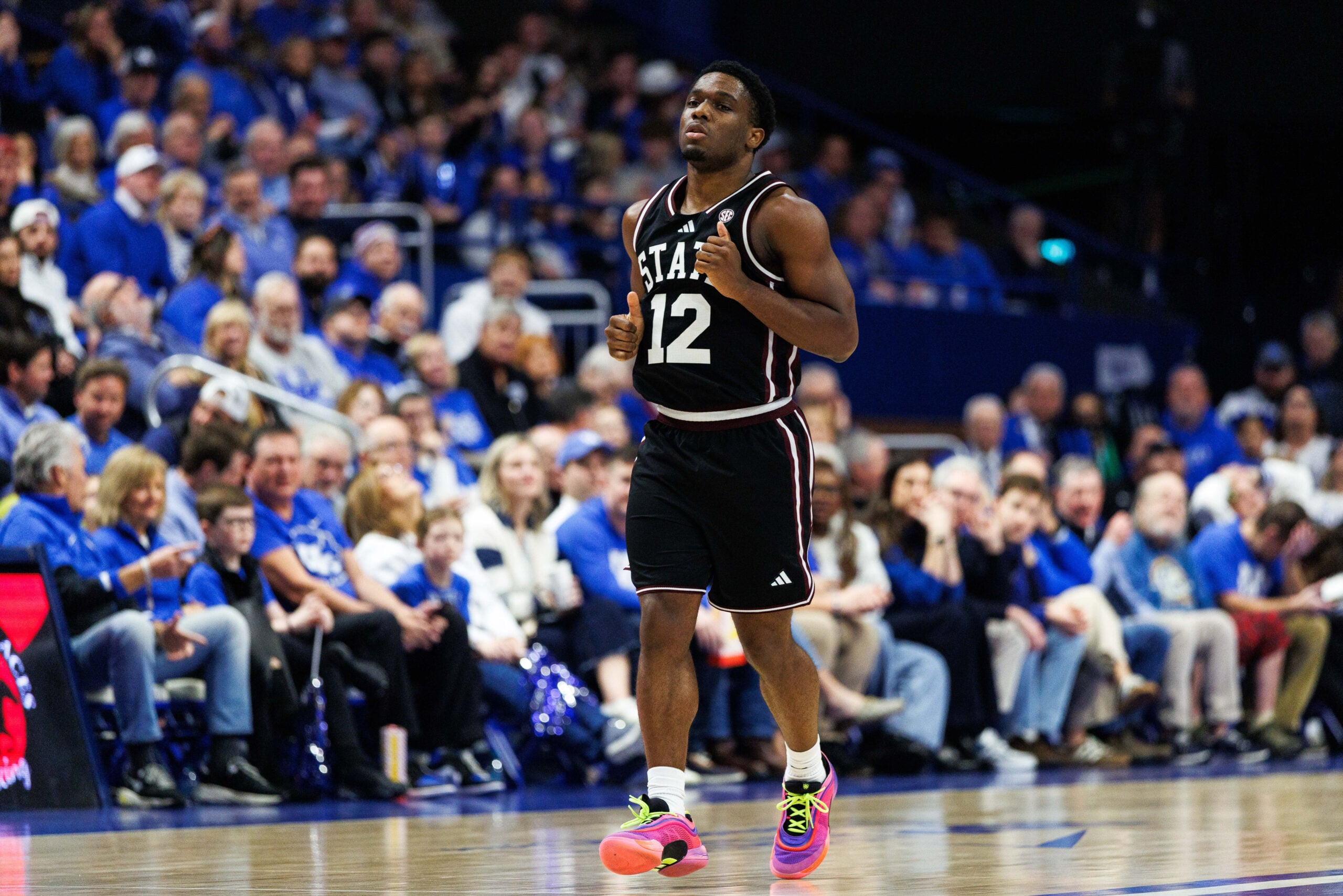 Jan 10, 2026; Lexington, Kentucky, USA; Mississippi State Bulldogs guard Josh Hubbard (12) runs down the court after making a three point basket during the first half against the Kentucky Wildcats at Rupp Arena at Central Bank Center. Mandatory Credit: Jordan Prather-Imagn Images