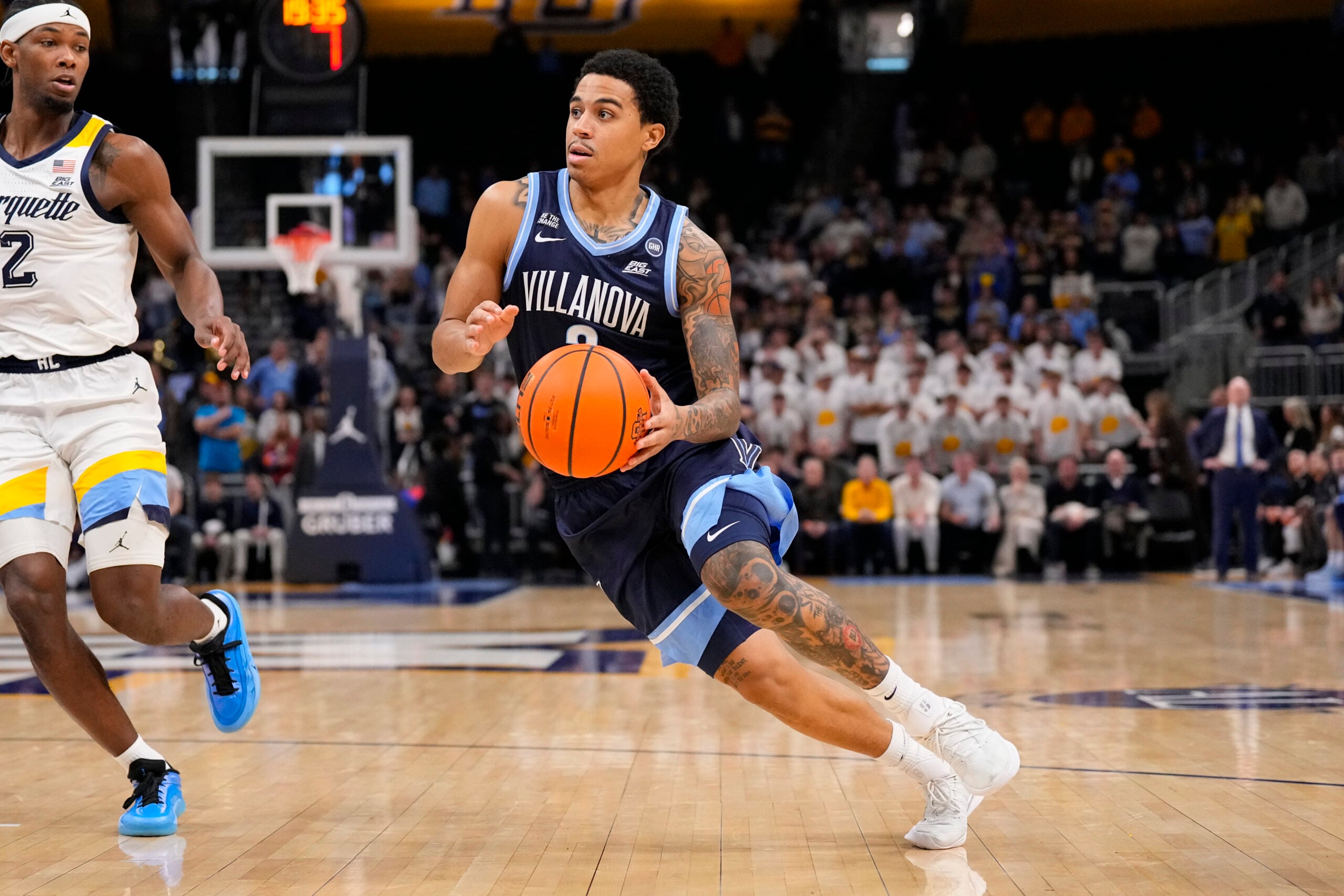 Jan 10, 2026; Milwaukee, Wisconsin, USA;  Villanova Wildcats guard Bryce Lindsay (2) during the game against the Marquette Golden Eagles at Fiserv Forum. Mandatory Credit: Jeff Hanisch-Imagn Images