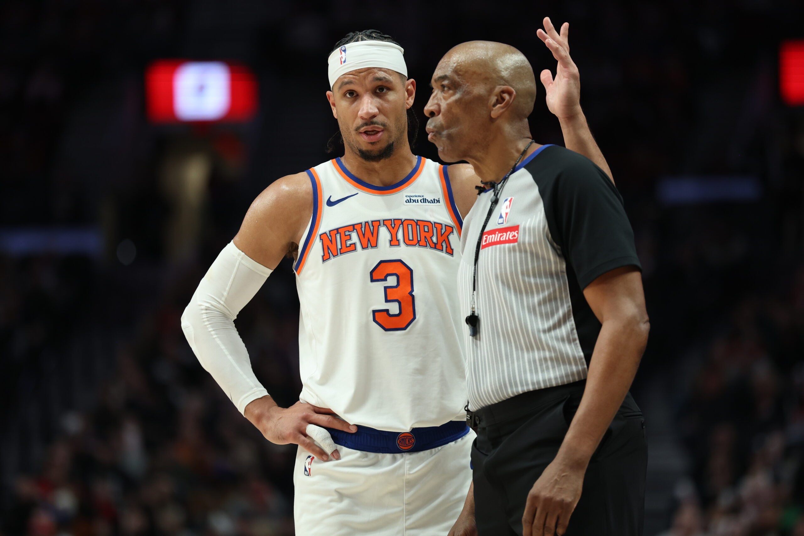 Jan 11, 2026; Portland, Oregon, USA;  New York Knicks guard Josh Hart (3) talks with referee Leon Wood (40) during the second half at Moda Center. Mandatory Credit: Jaime Valdez-Imagn Images