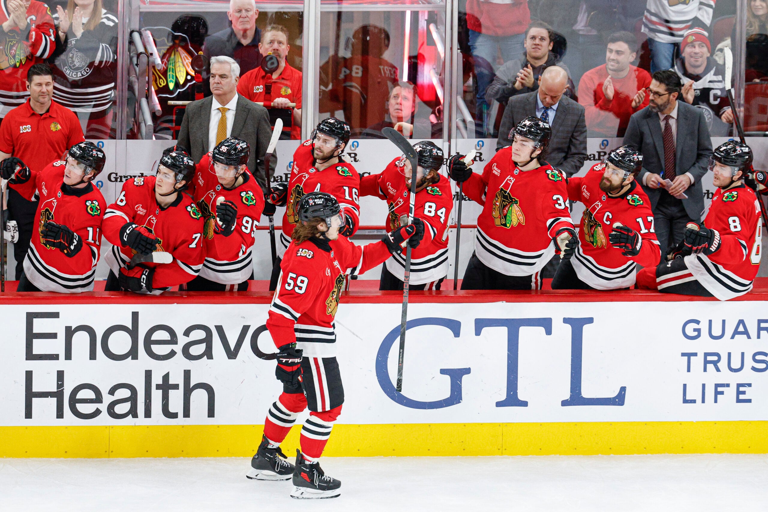 Jan 12, 2026; Chicago, Illinois, USA; Chicago Blackhawks left wing Tyler Bertuzzi (59) celebrates with teammates after scoring against the Edmonton Oilers during the third period at United Center. Mandatory Credit: Kamil Krzaczynski-Imagn Images