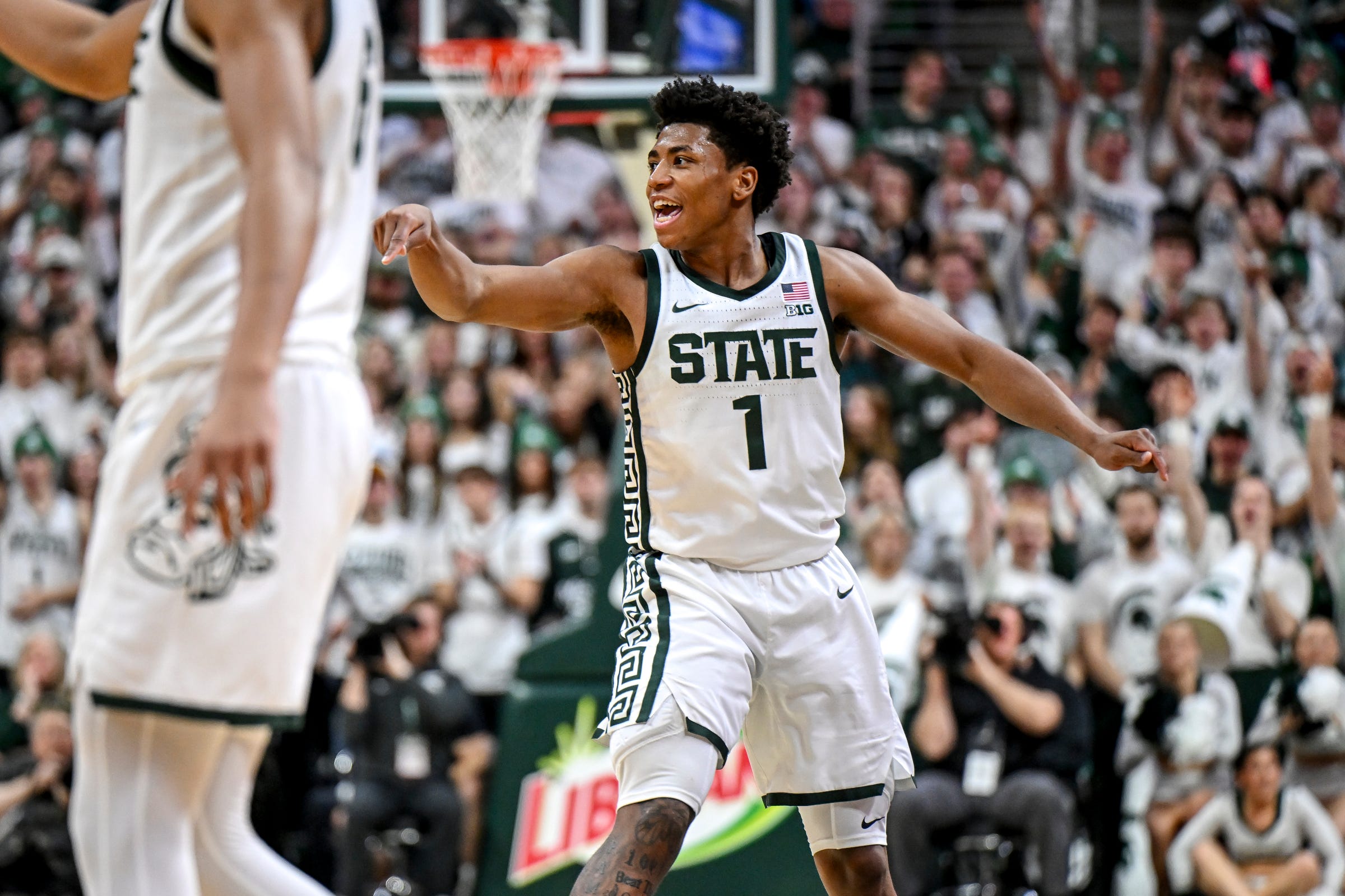 Michigan State's Jeremy Fears Jr. signals for the shot to cut after drawing a foul against Indiana during the first half on Tuesday, Jan. 13, 2026, at the Breslin Center in East Lansing.