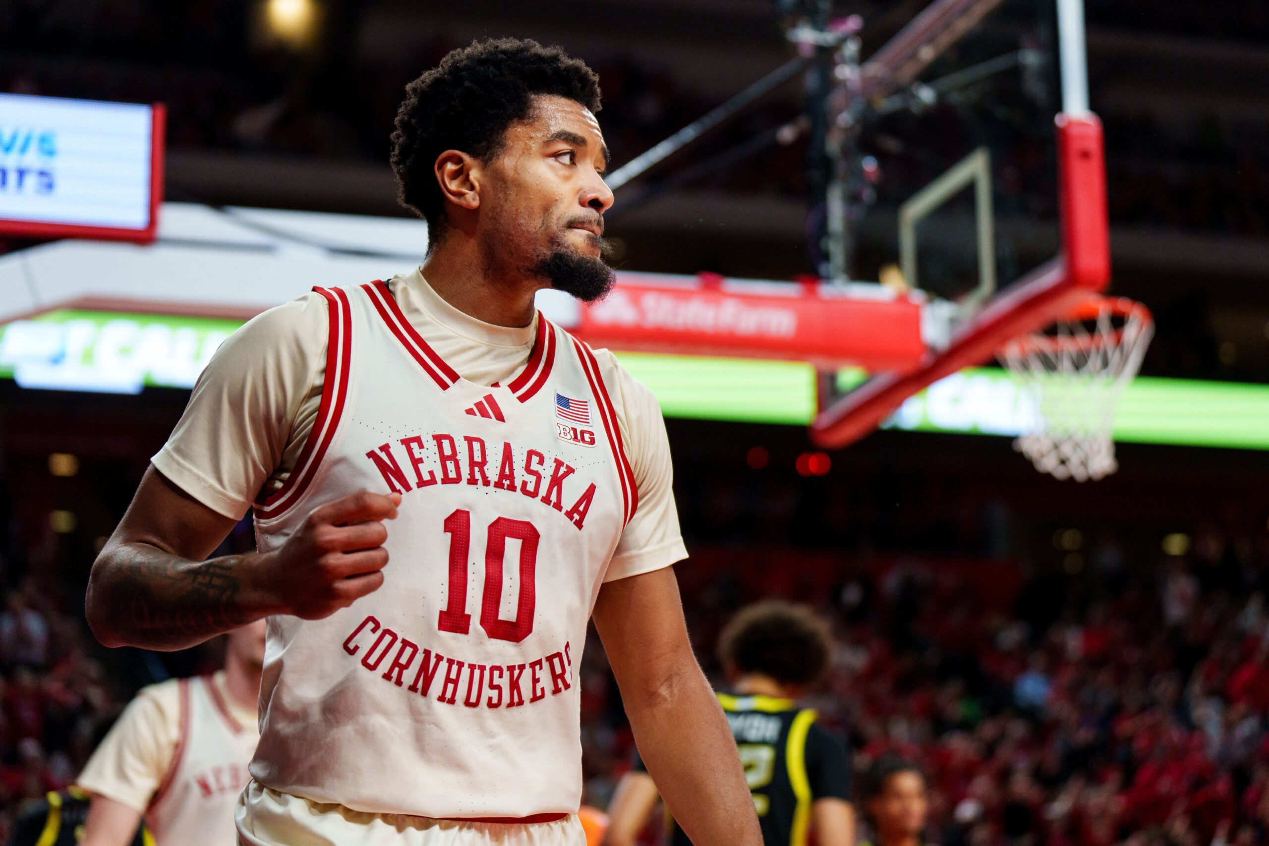 Jan 13, 2026; Lincoln, Nebraska, USA; Nebraska Cornhuskers guard Jamarques Lawrence (10) reacts after drawing a foul against the Oregon Ducks during the first half at Pinnacle Bank Arena. Mandatory Credit: Dylan Widger-Imagn Images