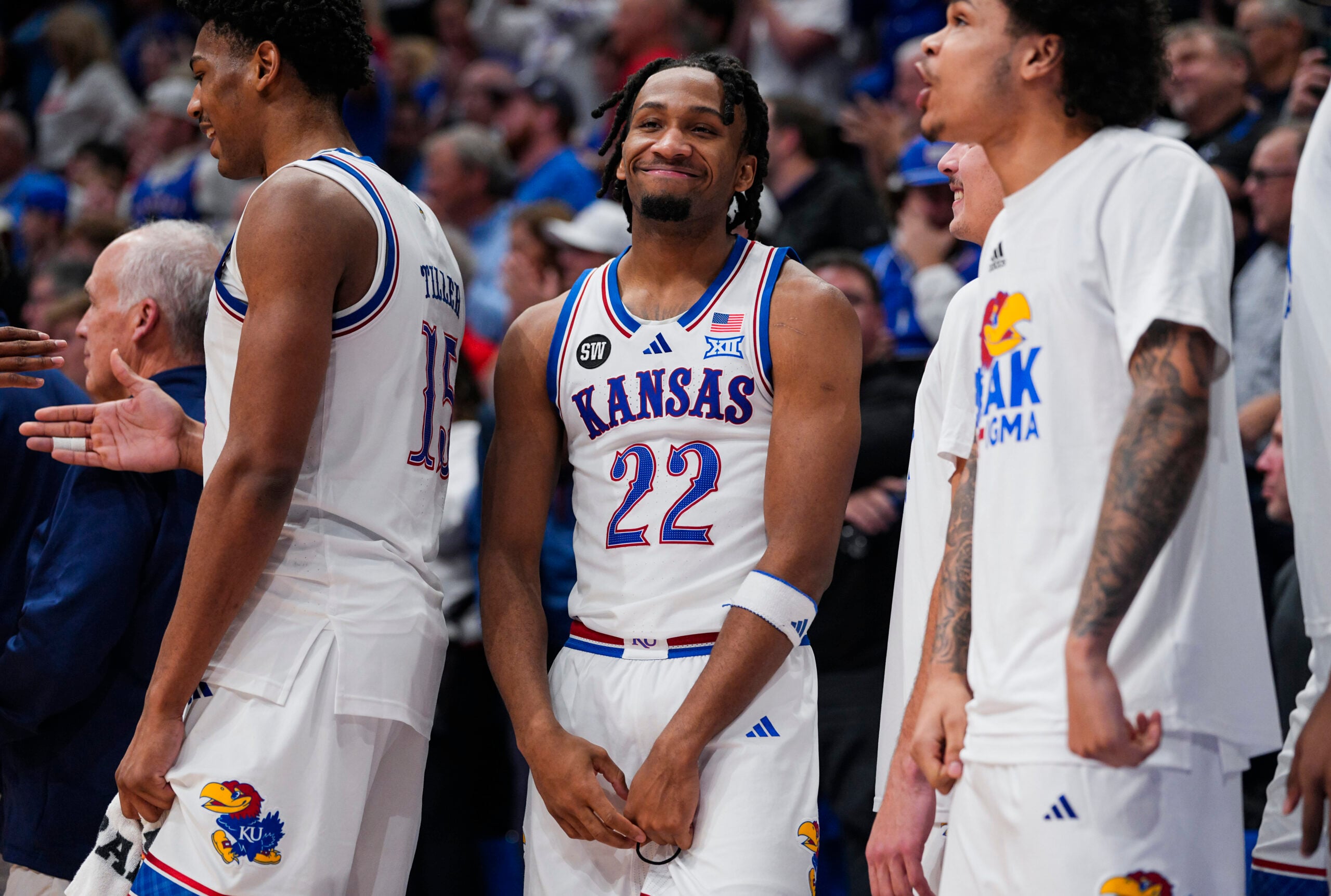 Jan 13, 2026; Lawrence, Kansas, USA; Kansas Jayhawks guard Darryn Peterson (22) reacts during the second half against the Iowa State Cyclones at Allen Fieldhouse. Mandatory Credit: Jay Biggerstaff-Imagn Images