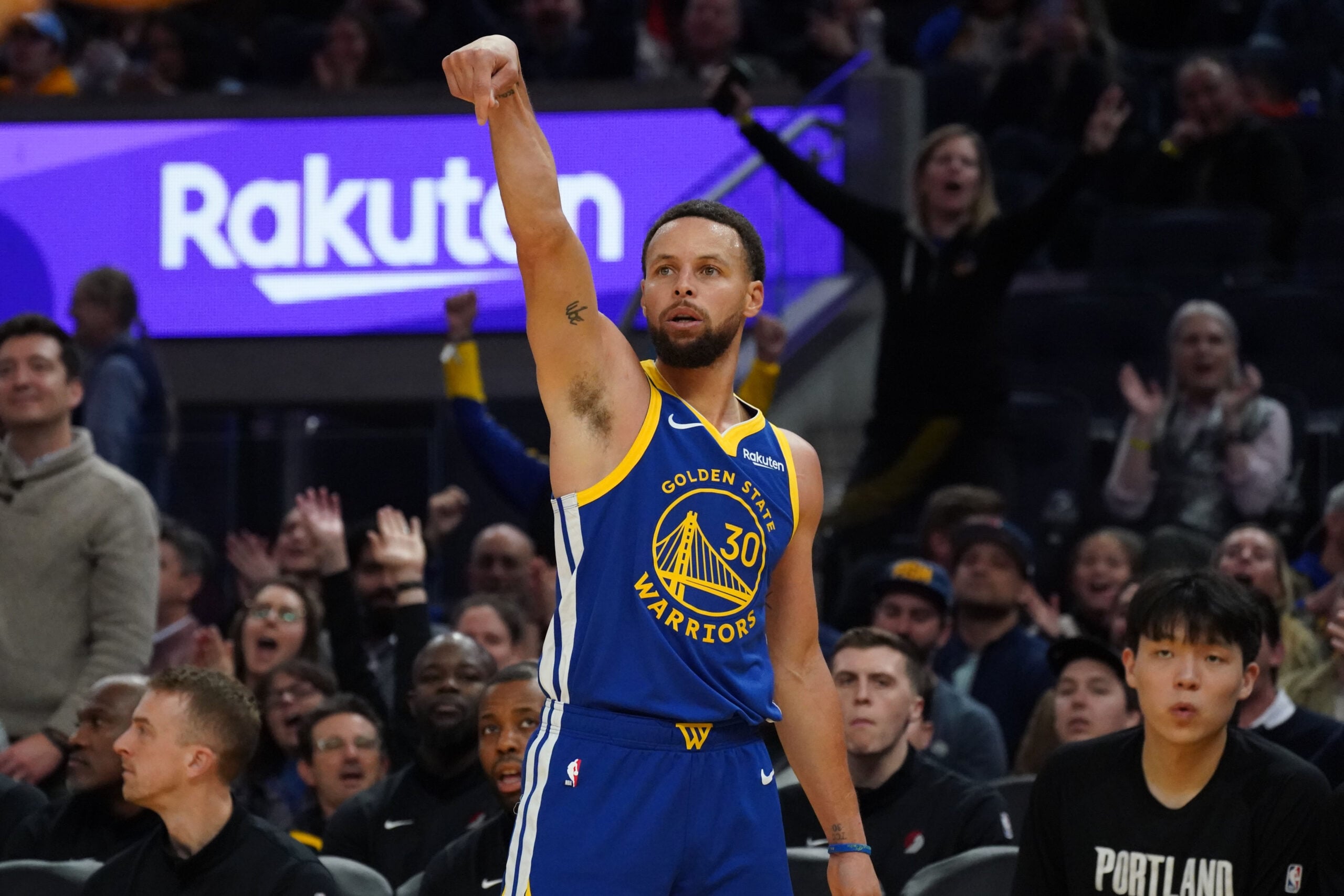 Jan 13, 2026; San Francisco, California, USA;  Golden State Warriors guard Stephen Curry (30) makes a three-point shot against the Portland Trail Blazers in the third quarter at Chase Center. Mandatory Credit: David Gonzales-Imagn Images