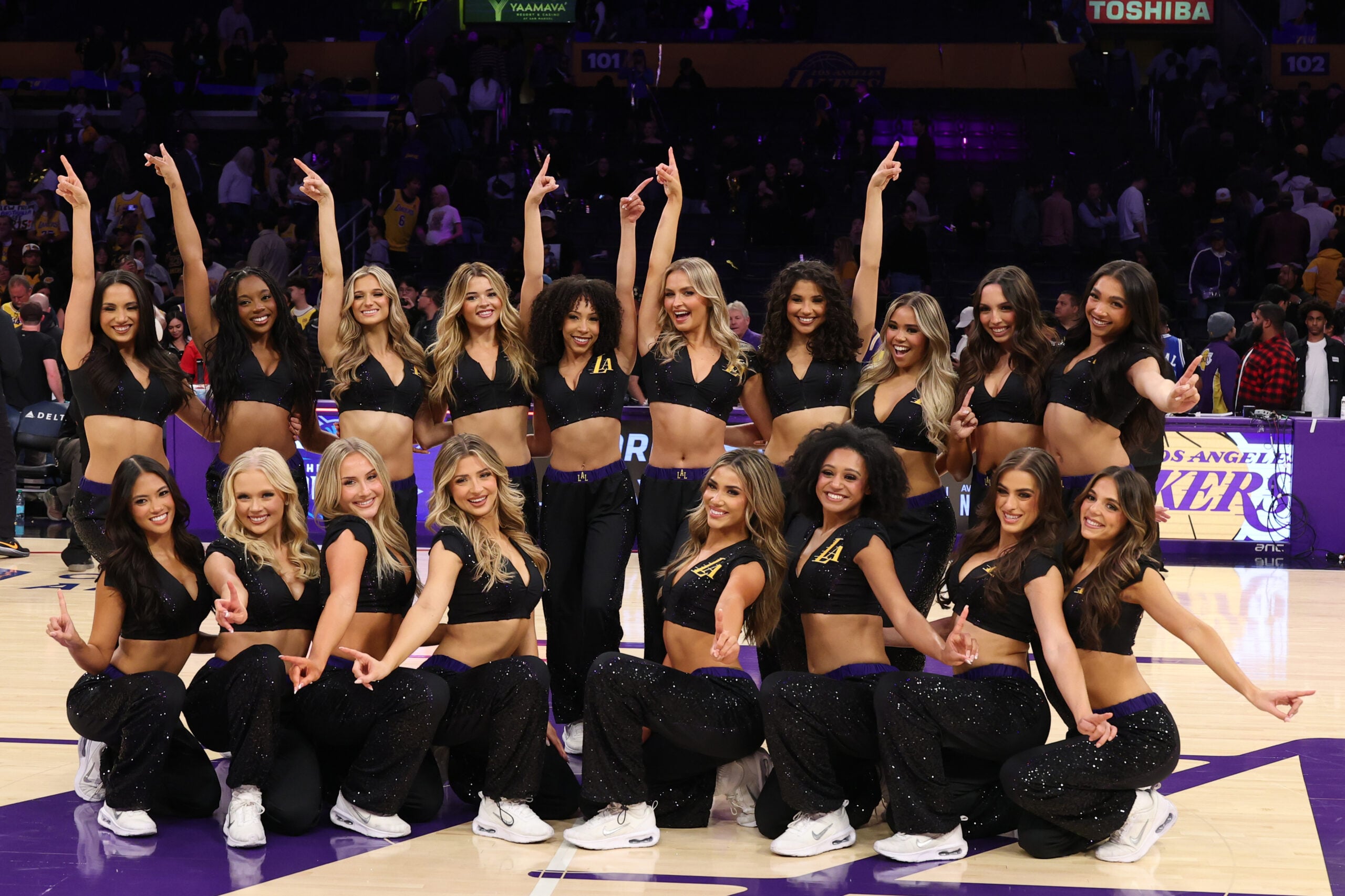 Jan 13, 2026; Los Angeles, California, USA;  Laker Girls pose for a photo after the Los Angeles Lakers defeating the Atlanta Hawks 141-116 at Crypto.com Arena. Mandatory Credit: Kiyoshi Mio-Imagn Images