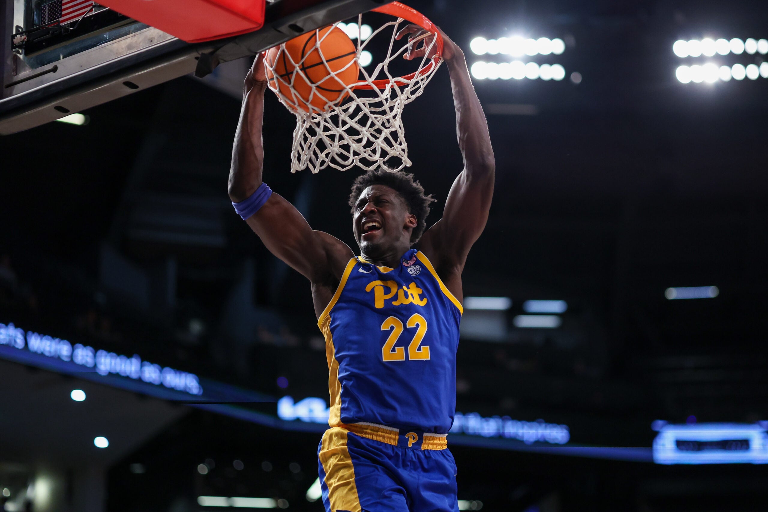 Jan 14, 2026; Atlanta, Georgia, USA; Pittsburgh Panthers guard Barry Dunning Jr. (22) dunks against the Georgia Tech Yellow Jackets in the first half at McCamish Pavilion. Mandatory Credit: Brett Davis-Imagn Images