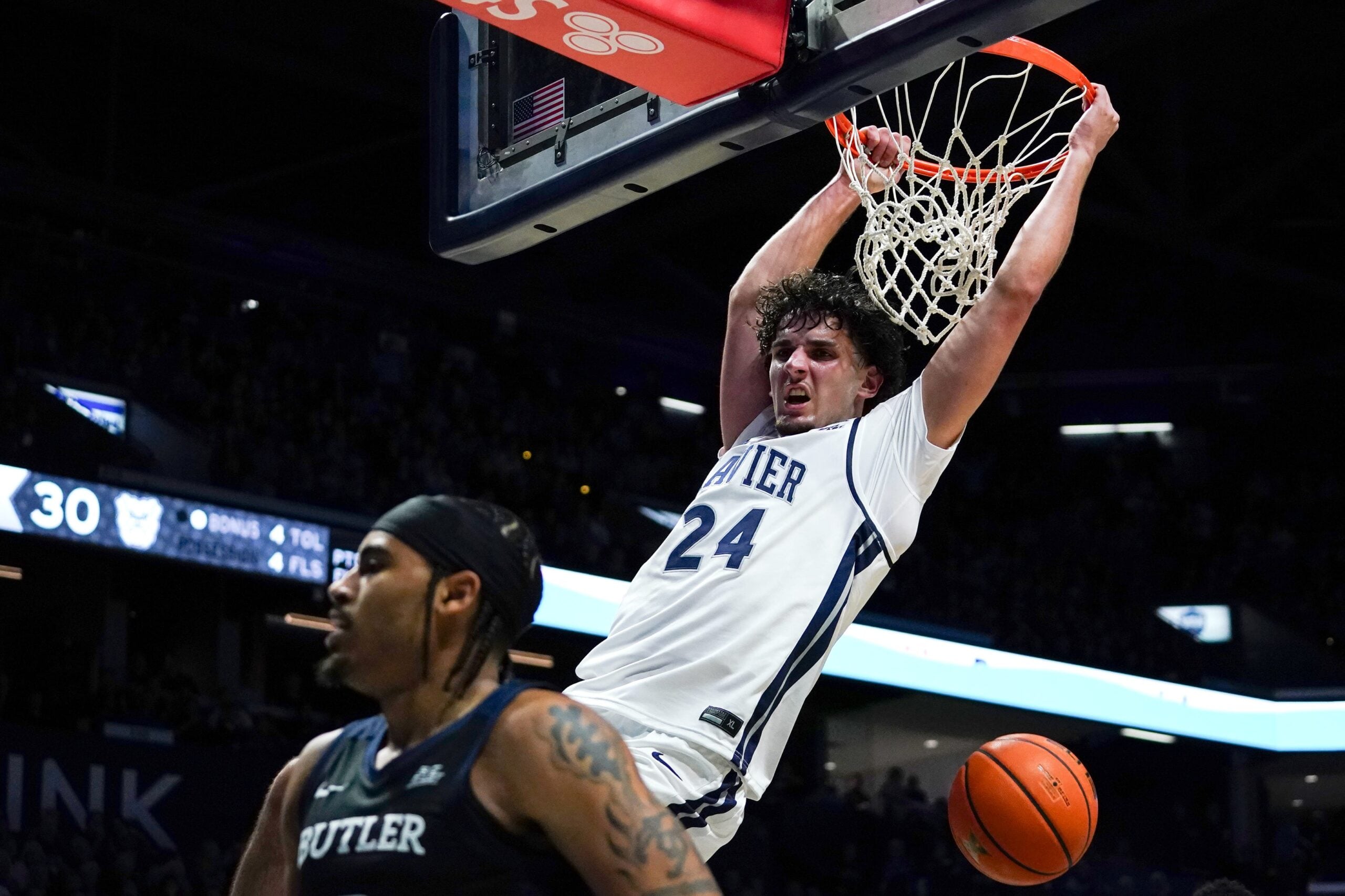Xavier Musketeers forward Jovan Milicevic (24) dunks the ball in the first half of a NCAA men’s basketball game between the Xavier Musketeers and the Butler Bulldogs, Wednesday, Jan. 14, 2026, at Cintas Center in Cincinnati.