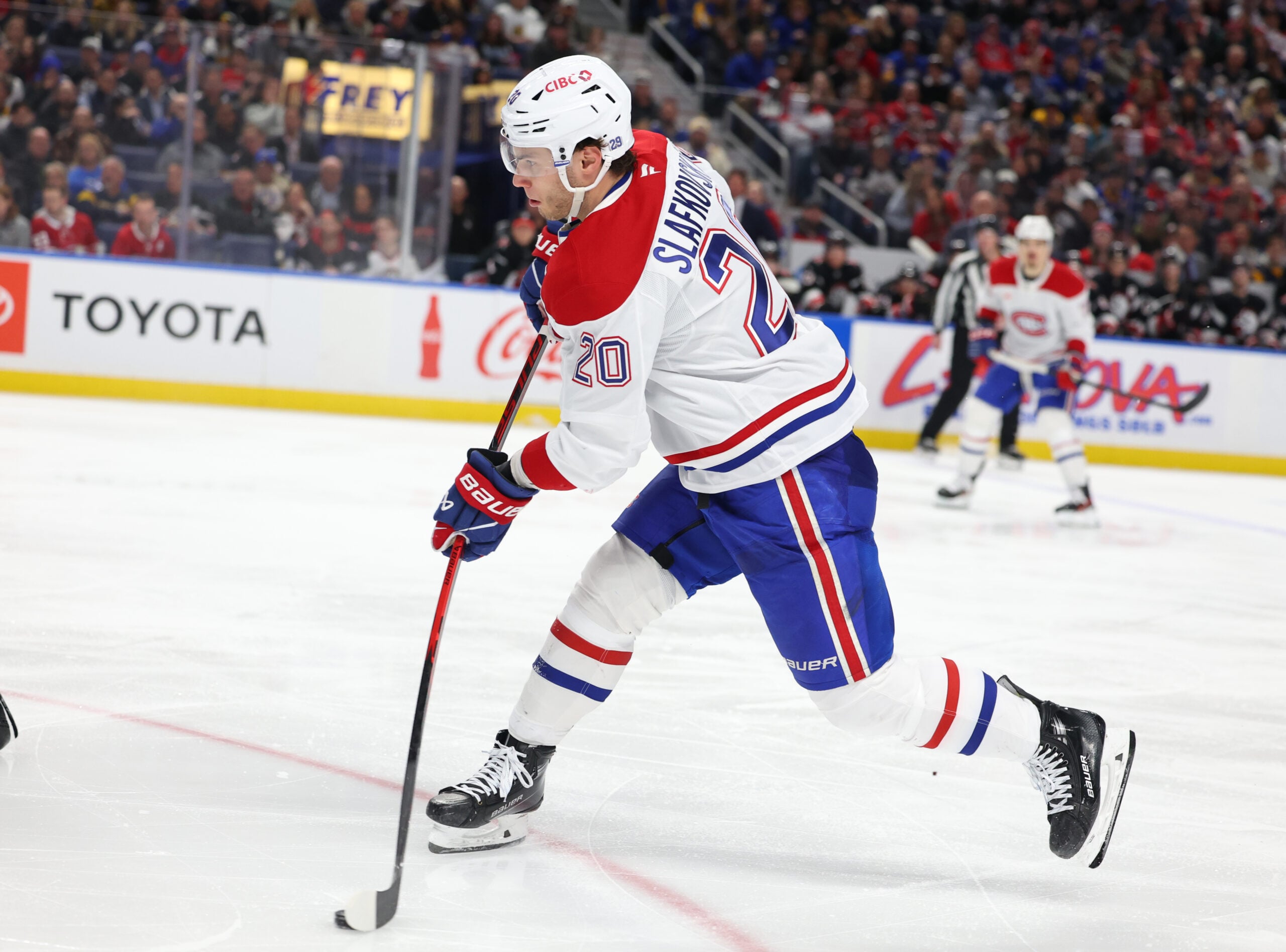 Jan 15, 2026; Buffalo, New York, USA;  Buffalo Sabres center Jiri Kulich (20) takes a shot on goal during the third period against the Buffalo Sabres at KeyBank Center. Mandatory Credit: Timothy T. Ludwig-Imagn Images