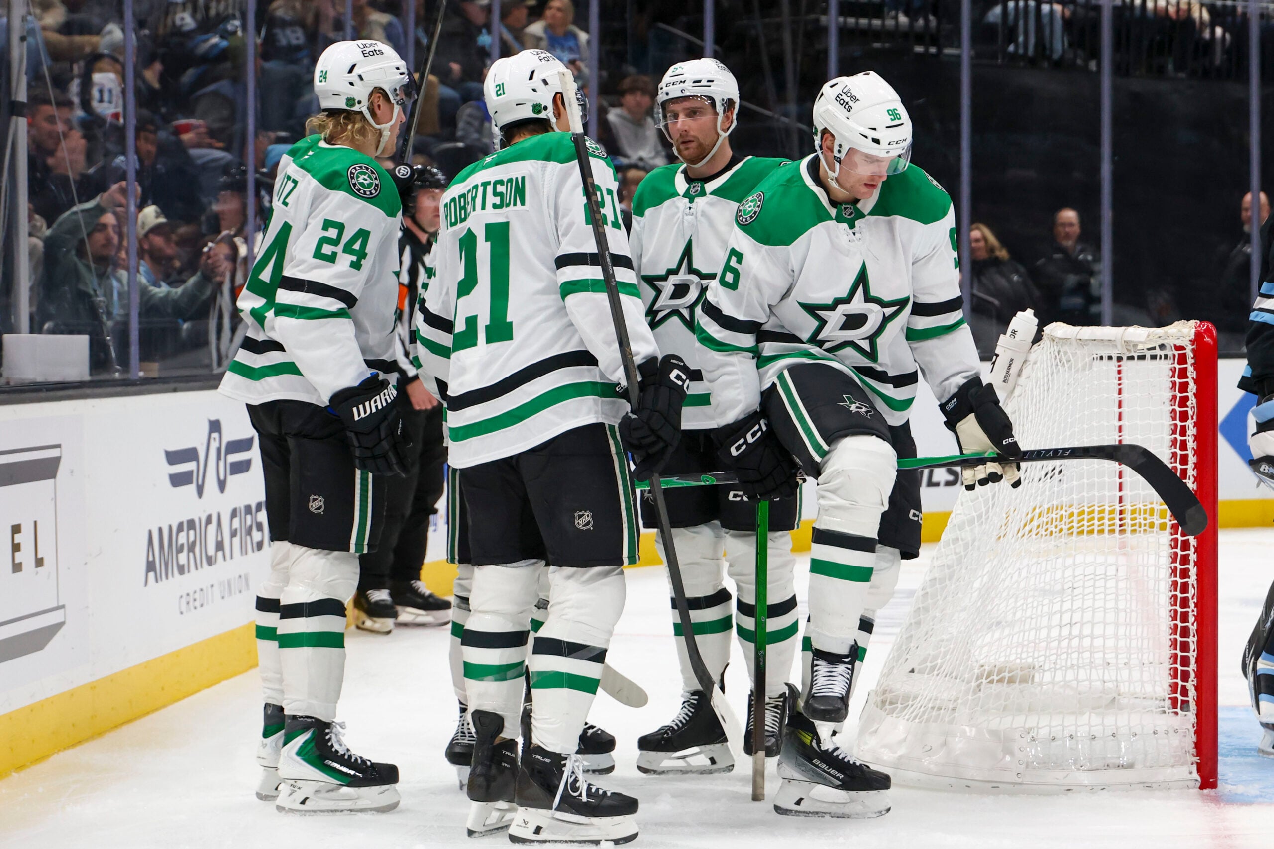 Jan 15, 2026; Salt Lake City, Utah, USA; The Dallas Stars celebrate after a goal against the Utah Mammoth by right wing Mikko Rantanen, right, during the third period at Delta Center. Mandatory Credit: Rob Gray-Imagn Images