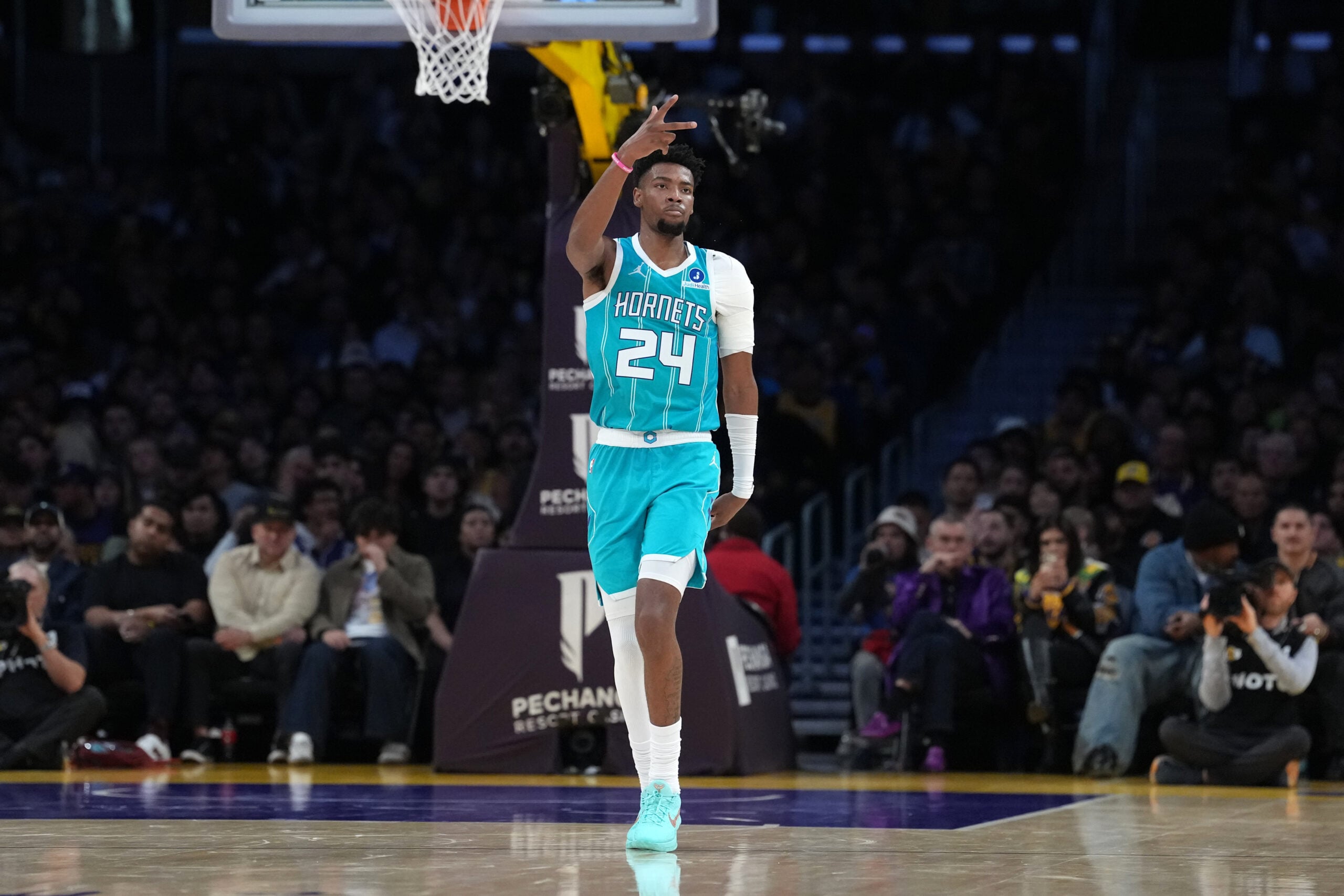 Jan 15, 2026; Los Angeles, California, USA; Charlotte Hornets forward Brandon Miller (24) gestures against the Los Angeles Lakers in the second half at Crypto.com Arena. Mandatory Credit: Kirby Lee-Imagn Images