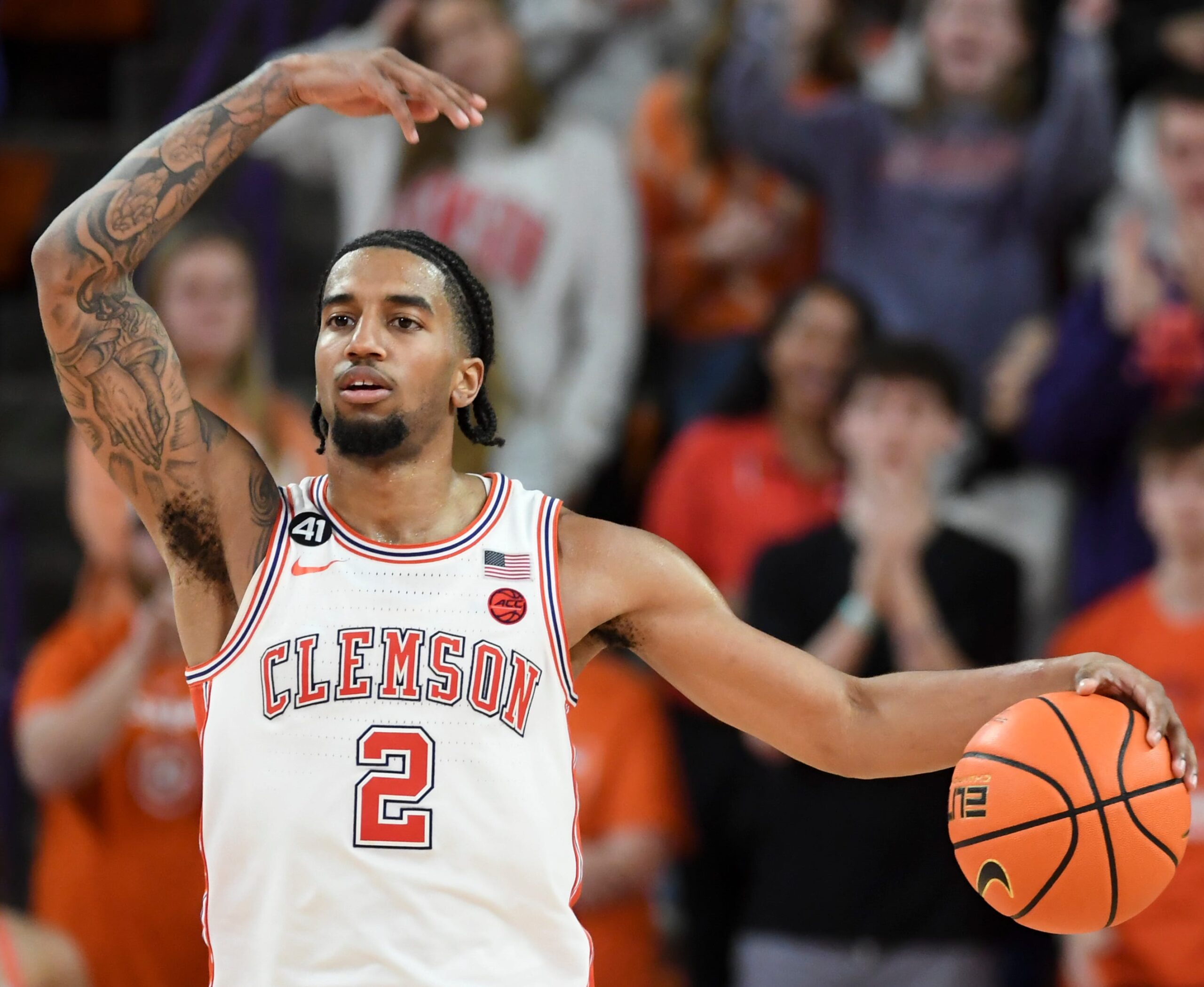 Clemson Tigers guard Dillon Hunter (2) pumps up the crowd Saturday, Jan. 17, 2026, during the NCAA men’s basketball game against the Miami Hurricanes at Littlejohn Coliseum in Clemson, South Carolina. Clemson Tigers won 69-59.