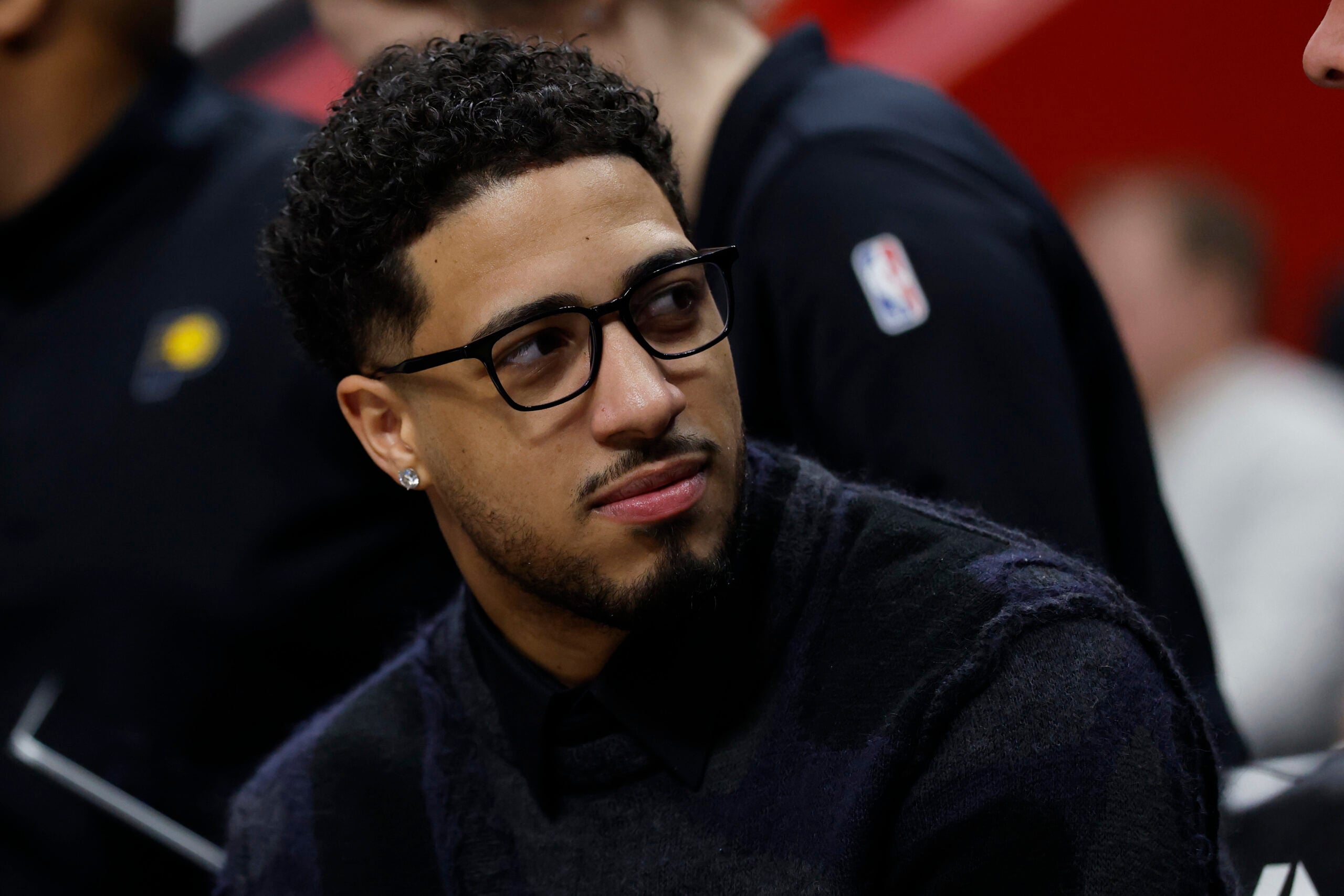Jan 17, 2026; Detroit, Michigan, USA;  Indiana Pacers guard Tyrese Haliburton (0) looks on in the second half against the Detroit Pistons at Little Caesars Arena. Mandatory Credit: Rick Osentoski-Imagn Images