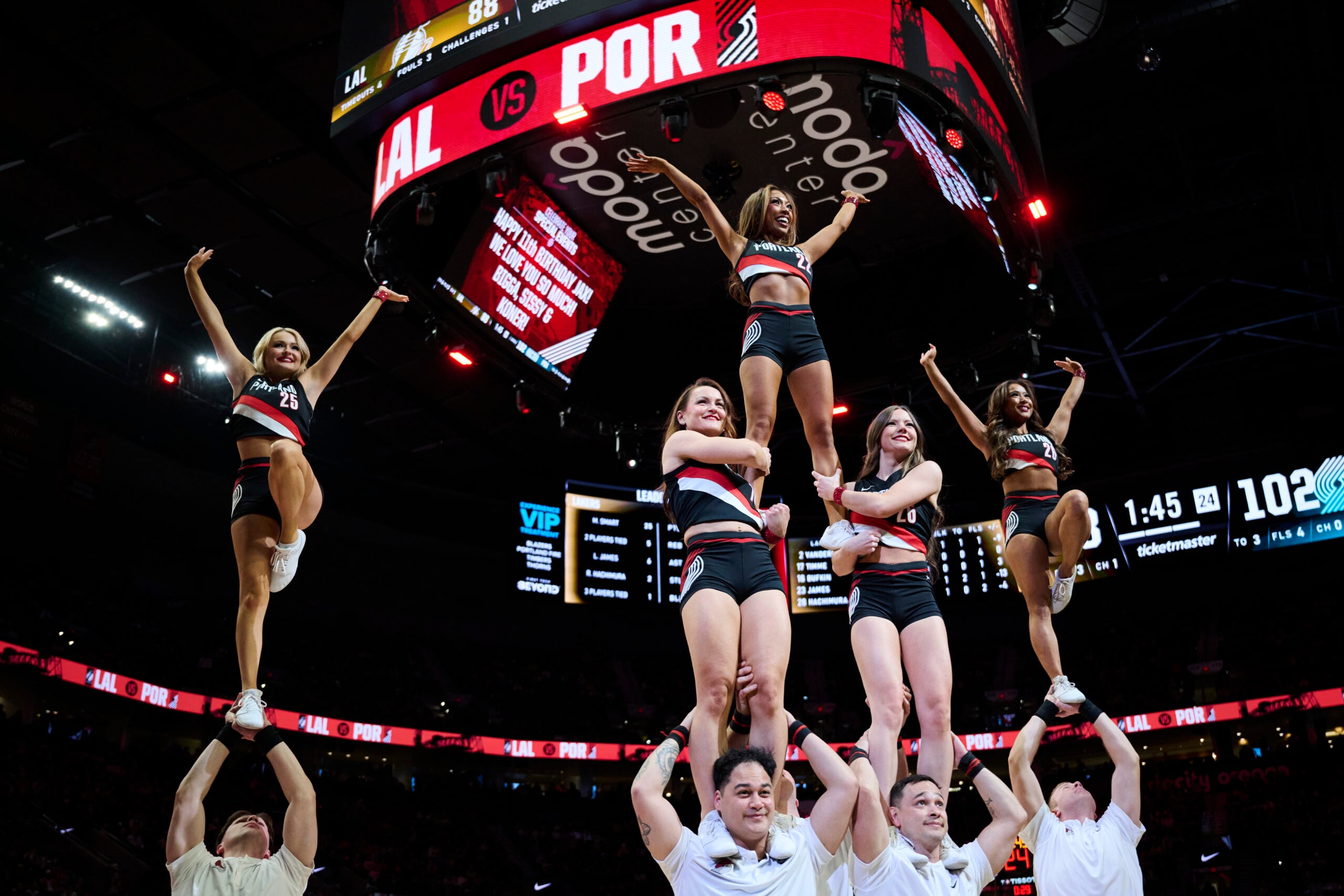 Jan 17, 2026; Portland, Oregon, USA; The Blazer cheer squad performs during a break in the second half in a game between the Portland Trail Blazers and the Los Angeles Lakers at Moda Center. Mandatory Credit: Troy Wayrynen-Imagn Images