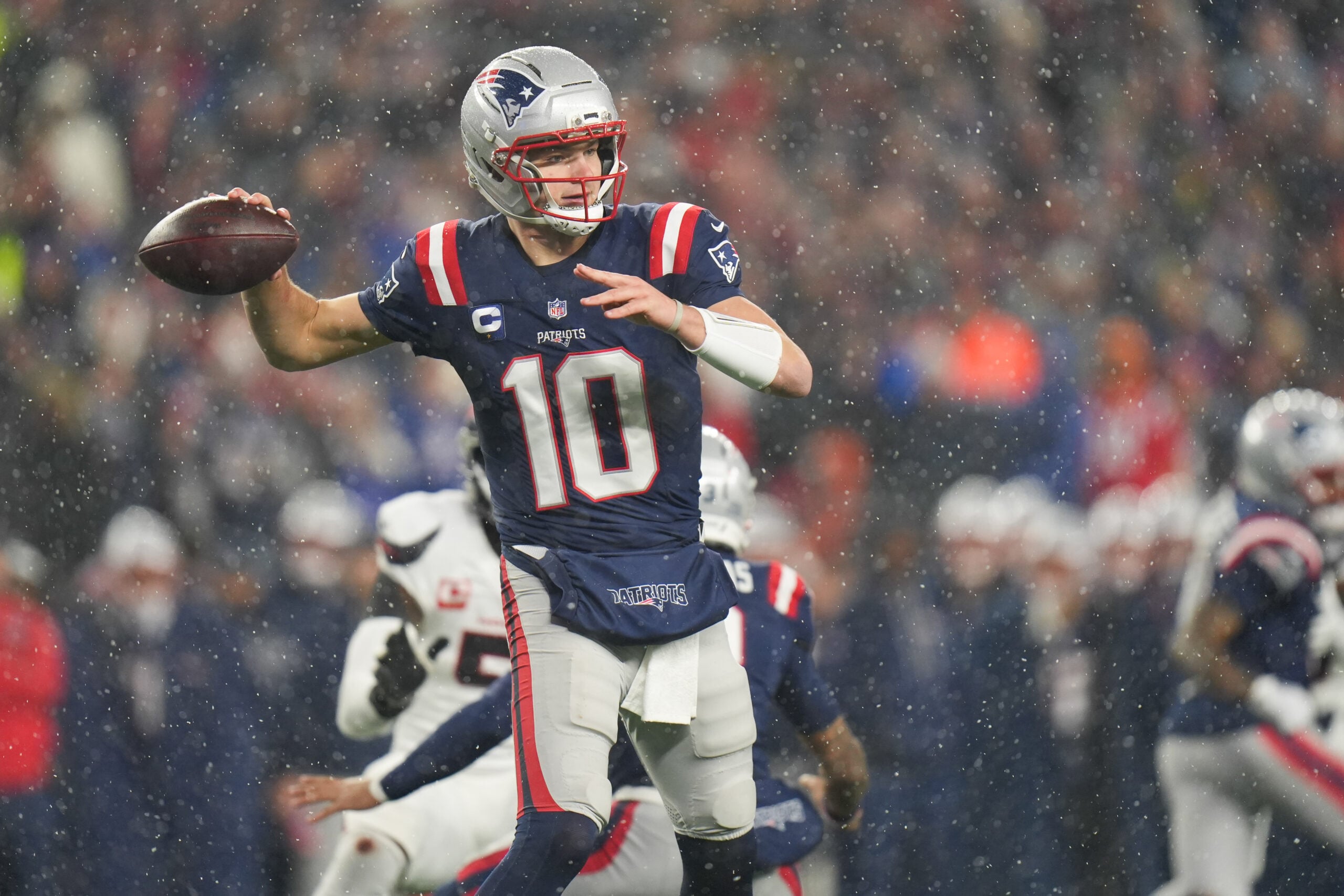 Jan 18, 2026; Foxborough, MA, USA; New England Patriots quarterback Drake Maye (10) throws in the third quarter against the Houston Texans in an AFC Divisional Round game at Gillette Stadium. Mandatory Credit: David Butler II-Imagn Images